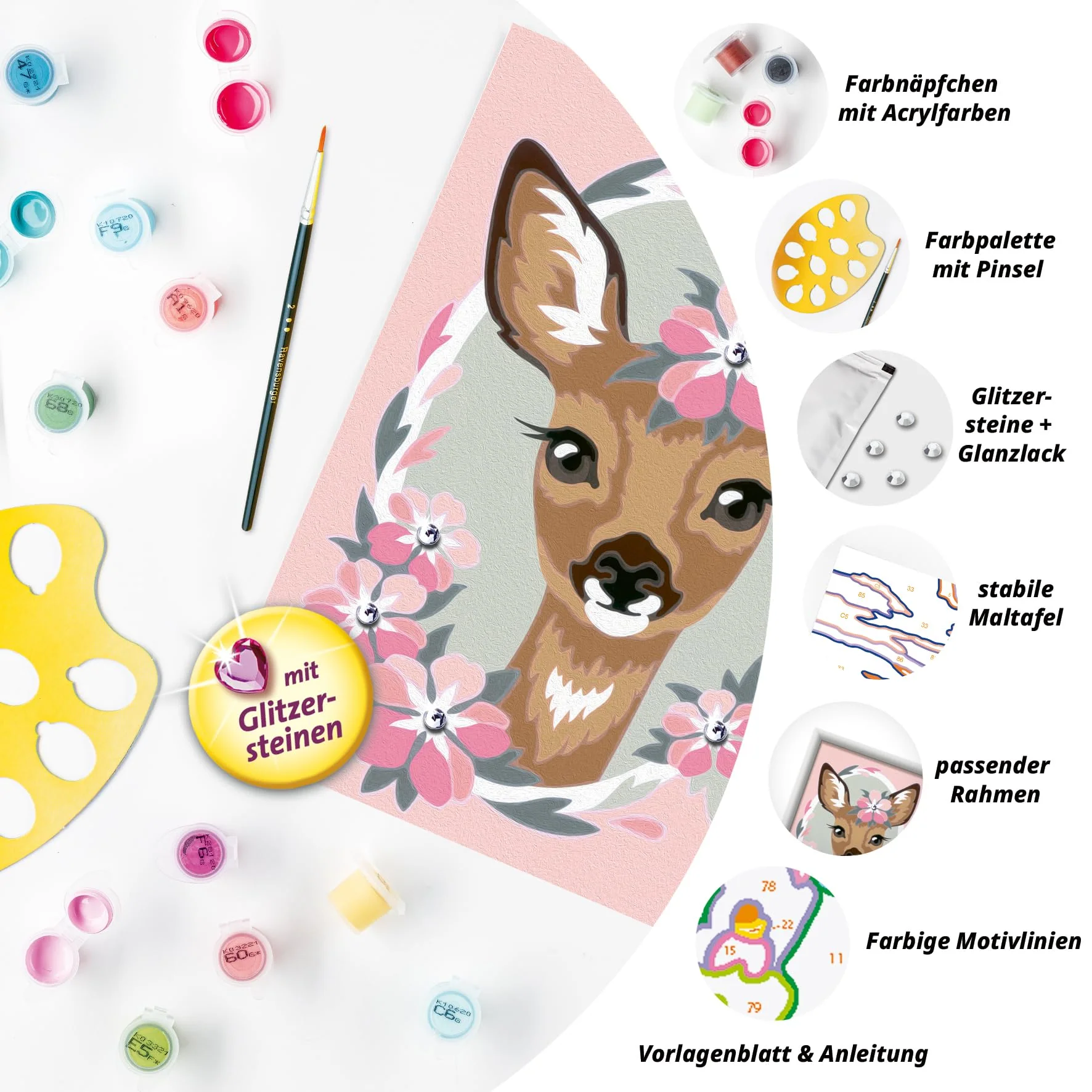 Ravensburger CreArt 28983 - Süßes REH - Malen nach Zahlen für Kinder ab 7 Jahre, Malset mit Rahmen, Pinsel und Acrylfarben, Geschenk für Mädchen und Jungen, mit Glitzer - Image 4