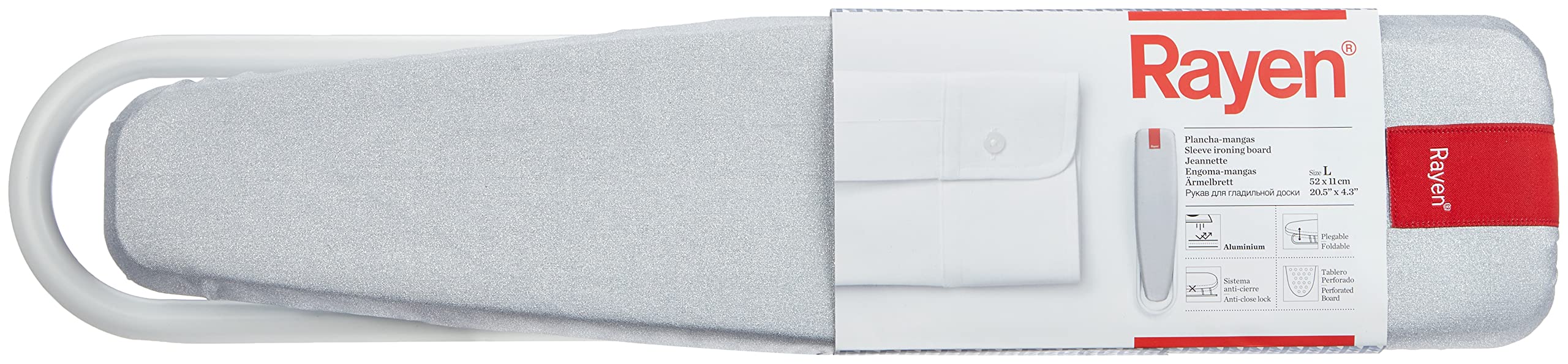 Rayen | Ärmelbügelbrett | Aluminiumbezug | Klappbar | Anti-Schließsystem | Durchlöchertes Brett | Mattweiß | Maße: 52 x 11 cm, Grau - Image 3