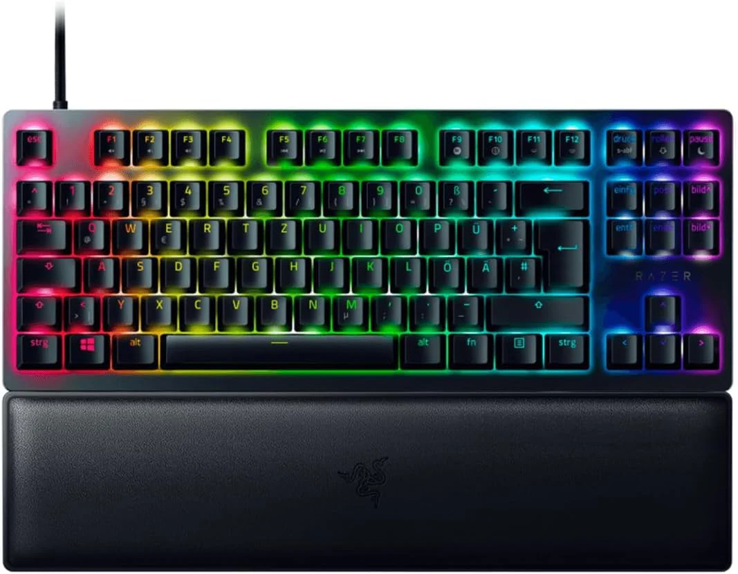 Razer Huntsman V2 Tenkeyless (Red Switch) - Optische Gaming-Tastatur ohne Ziffernblock (Lineare Optische Switches, Doubleshot PBT-Tastenkappen, Handballenauflage) QWERTZ DE-Layout | Schwarz