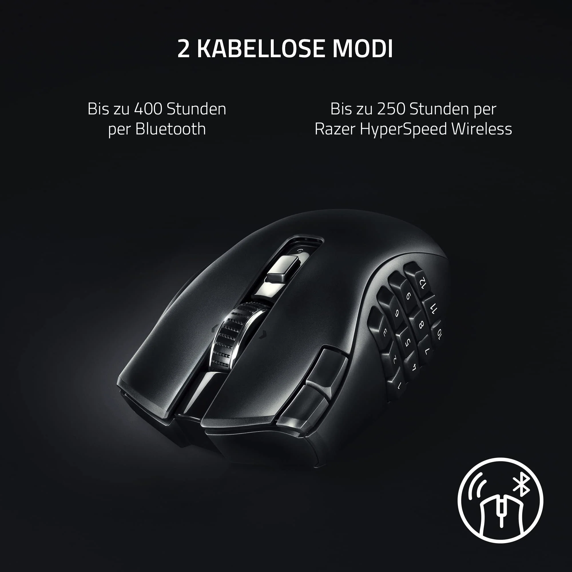Razer Naga V2 HyperSpeed - Ergonomische Kabellose MMO Gaming Maus (19 Programmierbaren Tasten, Wireless 2,4 GHz, Bluetooth, Bis zu 250 Stunden, Focus Pro 30K Optischer Sensor) Schwarz - Image 4