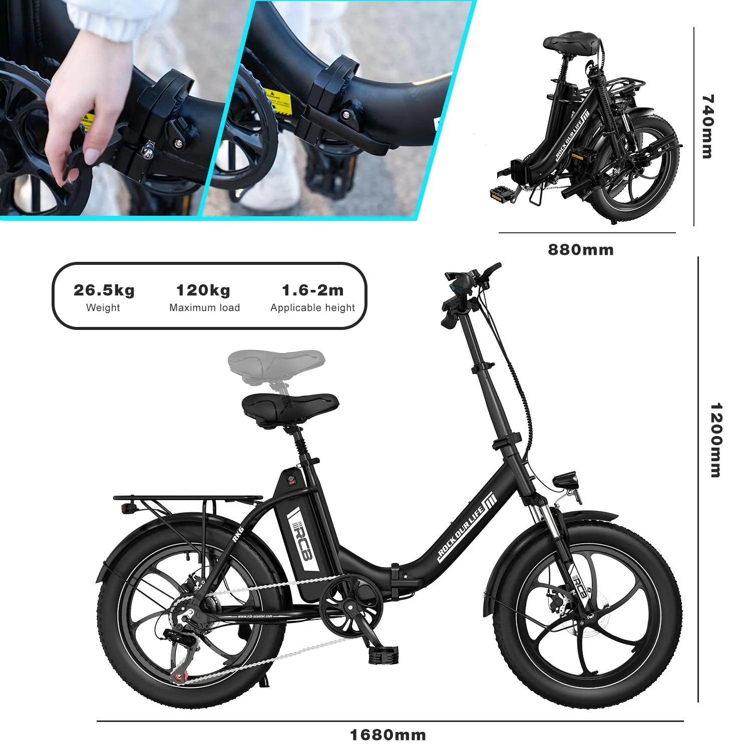 RCB RK6 20" E Bike für Erwachsene, 250W Motor 36V 15.6Ah Akku, 7-Gang,Breitreifen Klappbares E-Bike, Leichtes Elektrofahrrad für Stadtpendler - Image 5