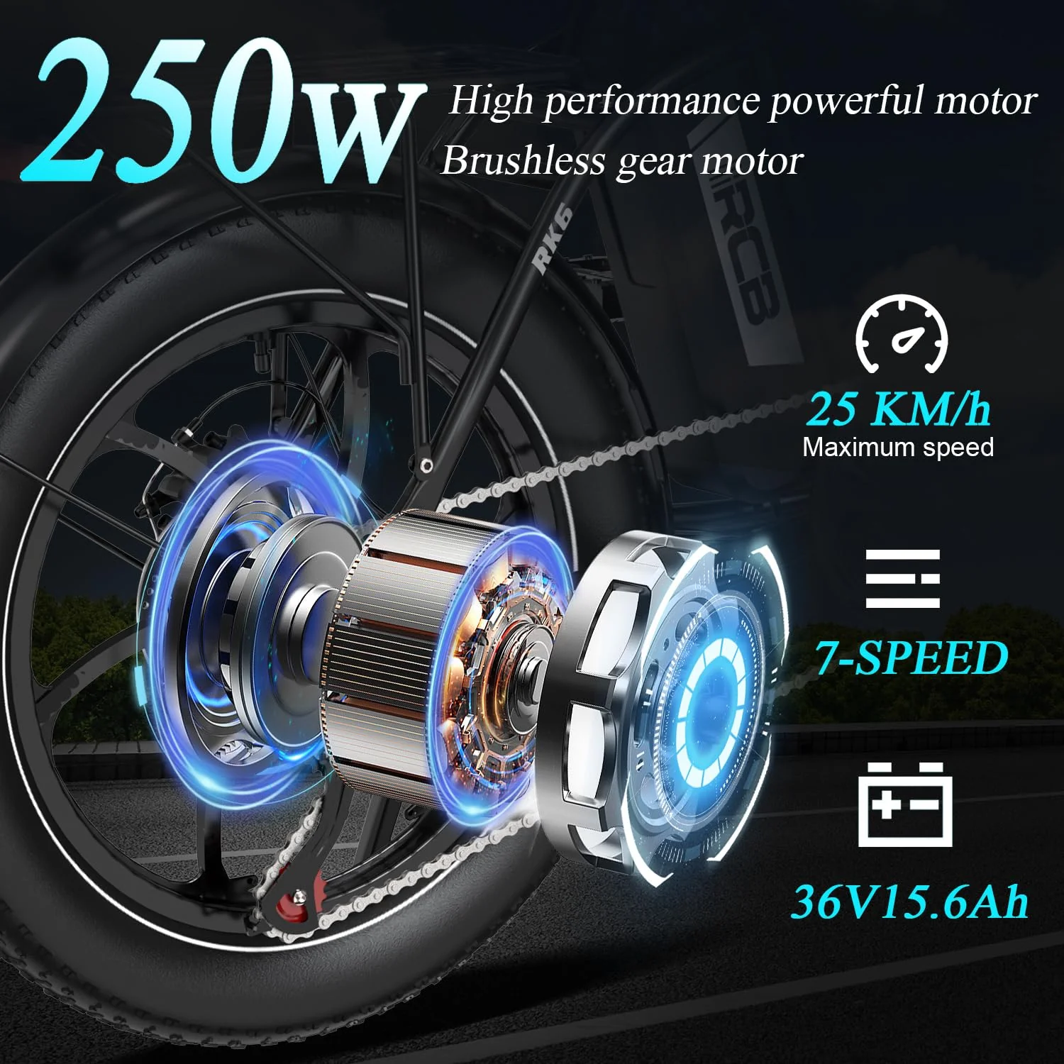 RCB RK6 20" E Bike für Erwachsene, 250W Motor 36V 15.6Ah Akku, 7-Gang,Breitreifen Klappbares E-Bike, Leichtes Elektrofahrrad für Stadtpendler - Image 9