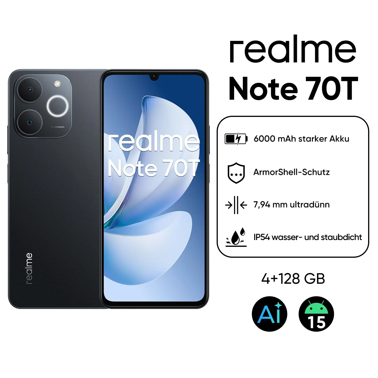 realme Note 70T Smartphone 4+128 GB, 6,75-Zoll-HD-90-Hz-Display, 6000 mAh Akku Mit Großer Kapazität, ArmorShell-Schutz, T7250 Octa-Core-Chipsatz, Next AI, IP54, Obsidianschwarz, Kein Ladegerät - Image 9
