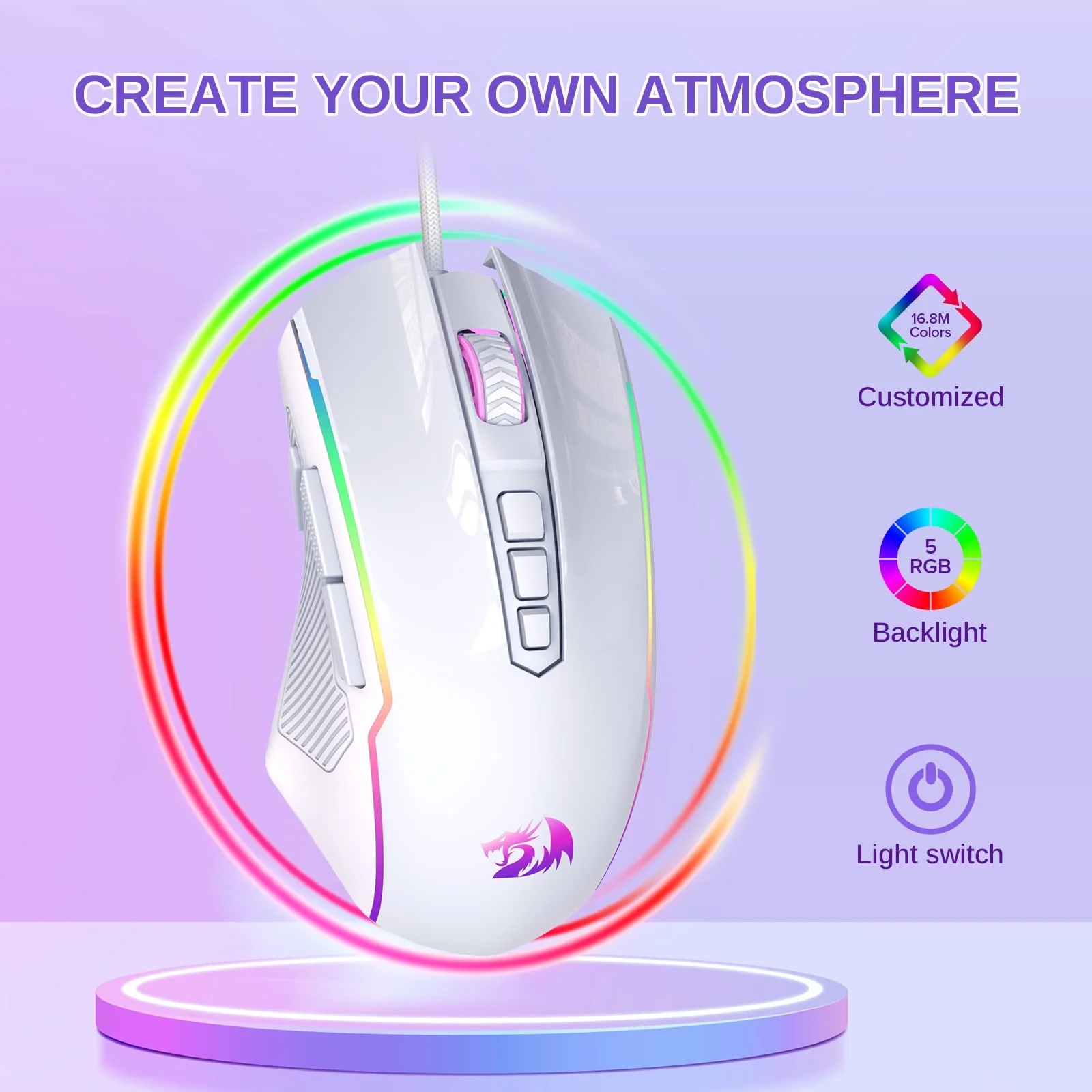 Redragon Gaming Maus, Gaming Mouse mit RGB und Einstellbar 8000 DPI, Maus mit 9 programmierbare Tasten und Feuertaste, RGB Gaming Maus mit ergonomisches Design für MMO/FPS/PC/Windows/Mac, Weiß - Image 5