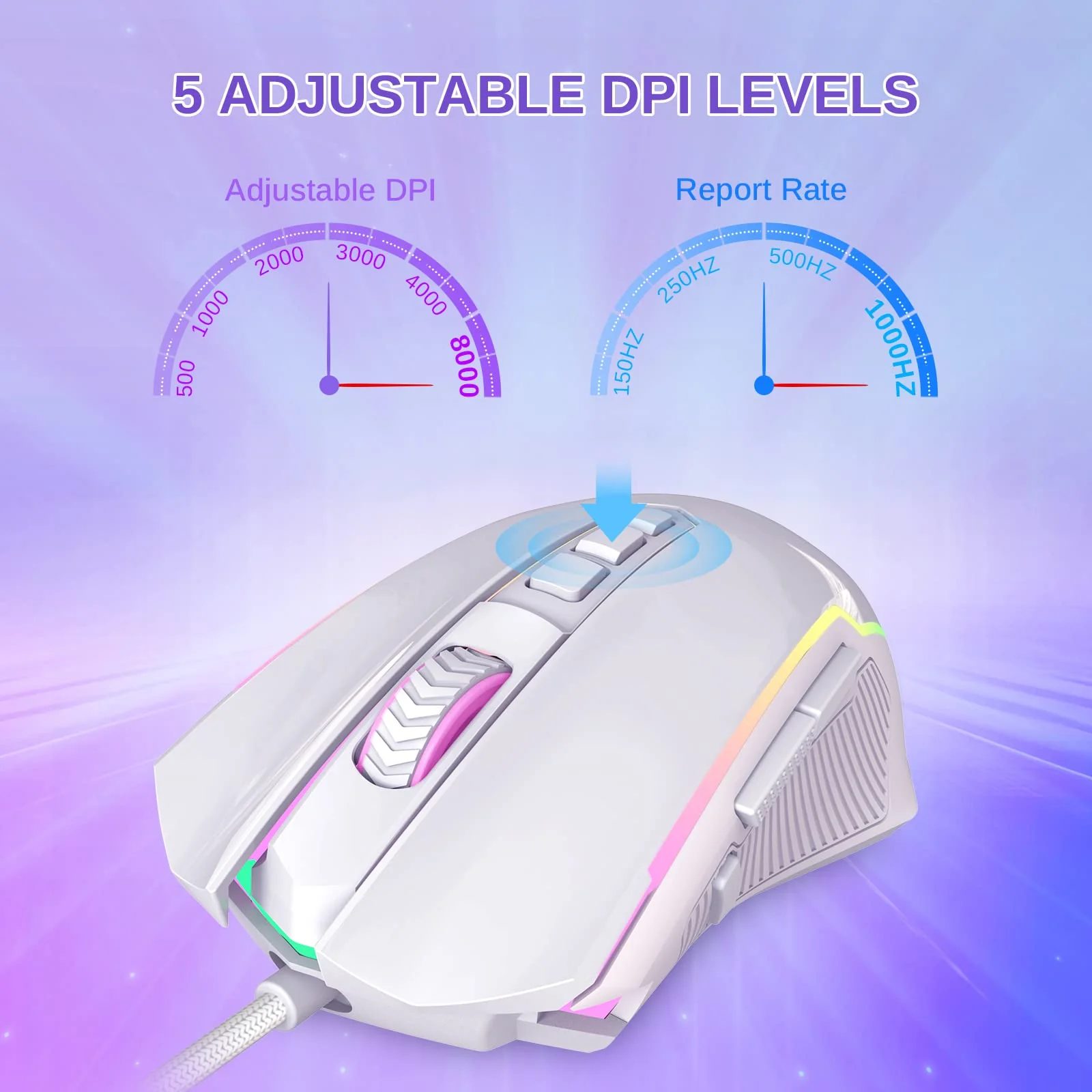 Redragon Gaming Maus, Gaming Mouse mit RGB und Einstellbar 8000 DPI, Maus mit 9 programmierbare Tasten und Feuertaste, RGB Gaming Maus mit ergonomisches Design für MMO/FPS/PC/Windows/Mac, Weiß - Image 6