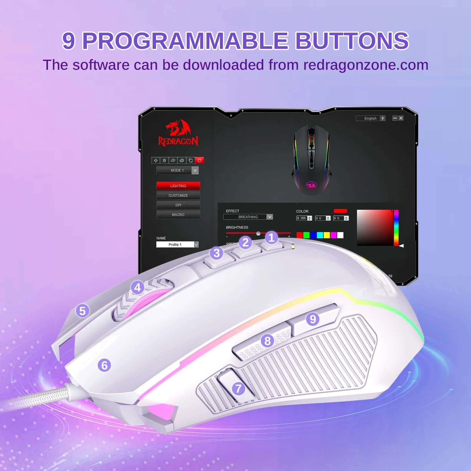 Redragon Gaming Maus, Gaming Mouse mit RGB und Einstellbar 8000 DPI, Maus mit 9 programmierbare Tasten und Feuertaste, RGB Gaming Maus mit ergonomisches Design für MMO/FPS/PC/Windows/Mac, Weiß - Image 7