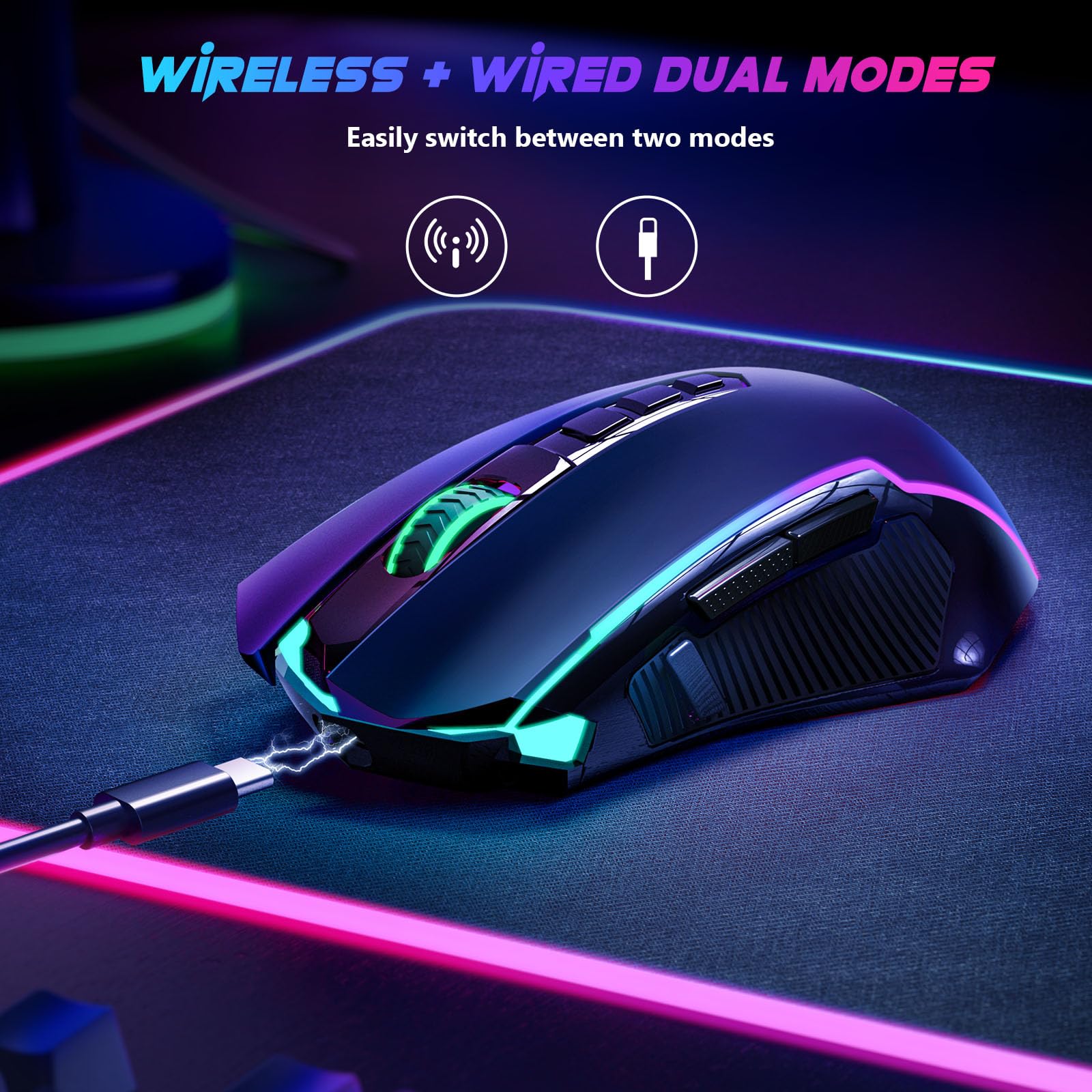 Redragon Gaming Maus Kabellose, RGB Wiederaufladbare Gaming-Maus mit 9 Macro Editing Programmierbare Tasten/8000 DPI, Ergonomische Wireless Gaming Maus, 70Hrs fur PC/Mac Gamer - Image 7