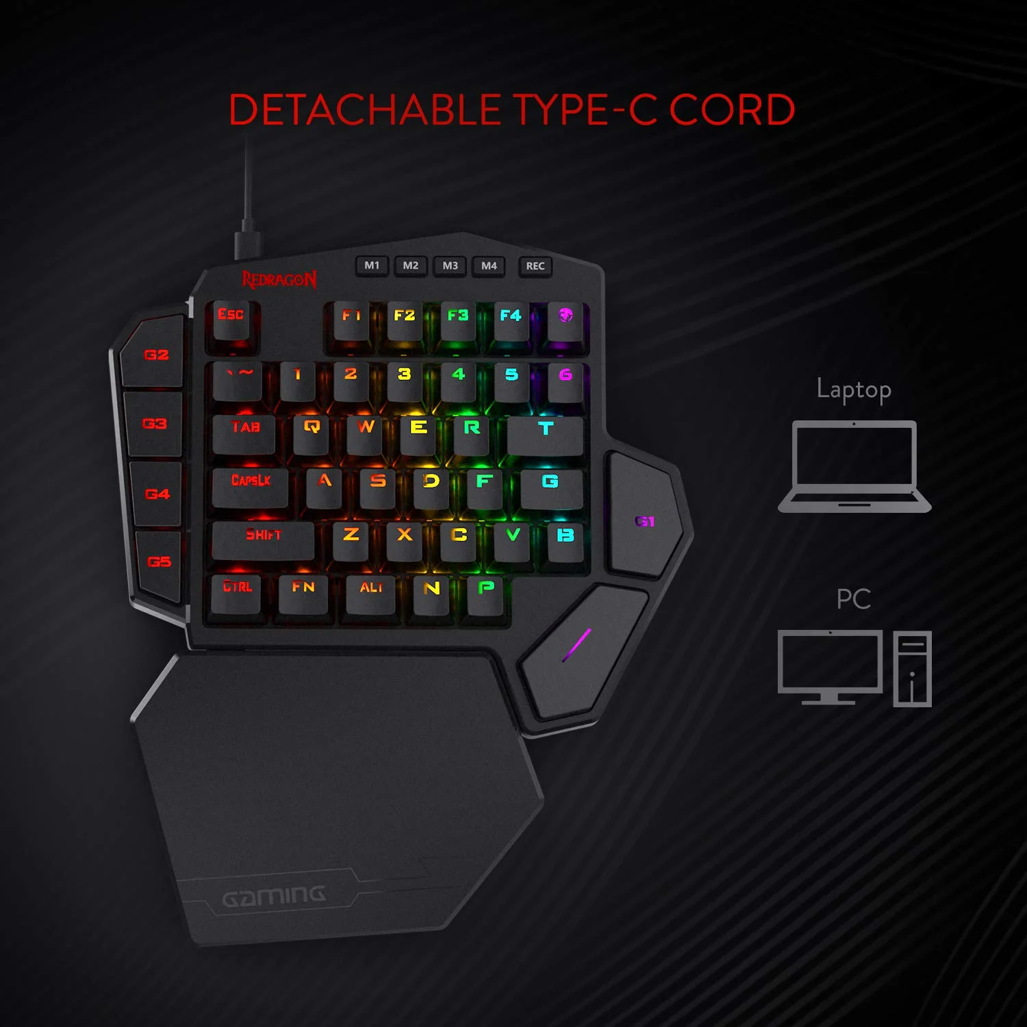 Redragon K585 DITI Einhand RGB Mechanische Gaming-Tastatur, Blaue Schalter, Typ-C Professionelle Gaming-Tastatur mit 7 Integrierten Makrotasten, Abnehmbare Handgelenkstütze, 42 Tasten - Image 7