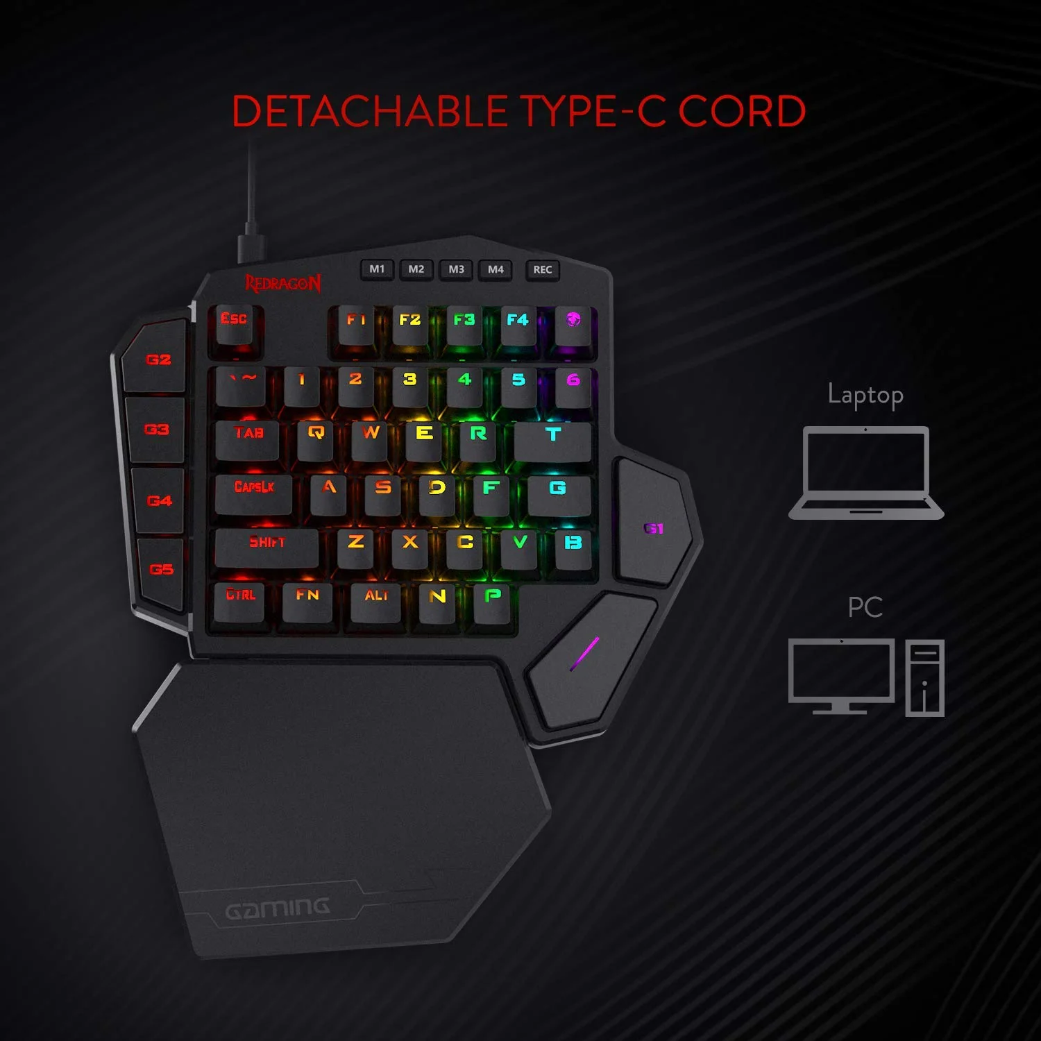 Redragon K585 DITI Einhand RGB Mechanische Gaming-Tastatur, Rote Schalter, Typ-C Professionelle Gaming-Tastatur mit 7 Integrierten Makrotasten, Abnehmbare Handgelenkstütze, 42 Tasten - Image 2