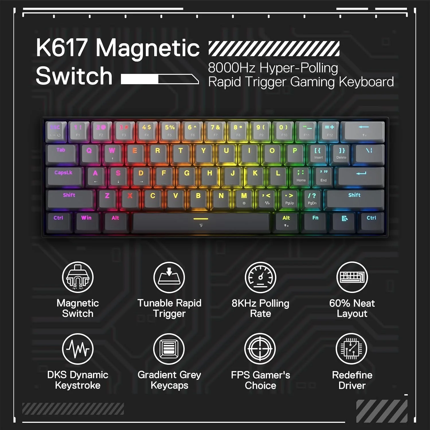 Redragon K617 Schneller Auslöser Gaming Tastatur, 60% Kabelgebundene mechanische Tastatur mit 61 Tasten, Spezieller Magnetschalter, Betätigungspunkt einstellbar, 8K-Hz-Abfragerate, Grau - Image 6