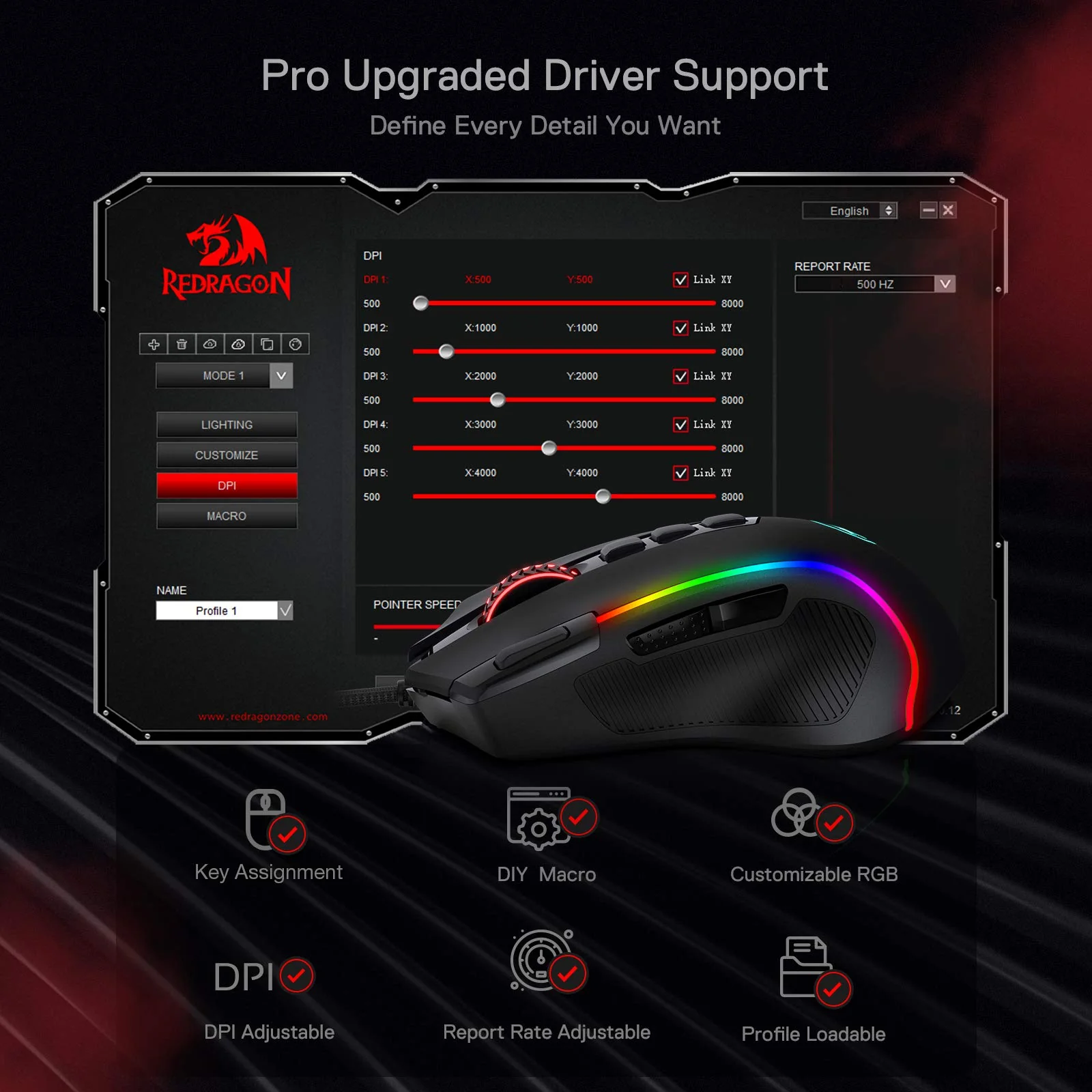 Redragon M612 Predator RGB Gaming Maus, 8000 DPI kabelgebundene optische Maus mit 11 programmierbaren Tasten & 5 Hintergrundbeleuchtungsmodi, Software unterstützt DIY Keybinds Rapid - Image 6