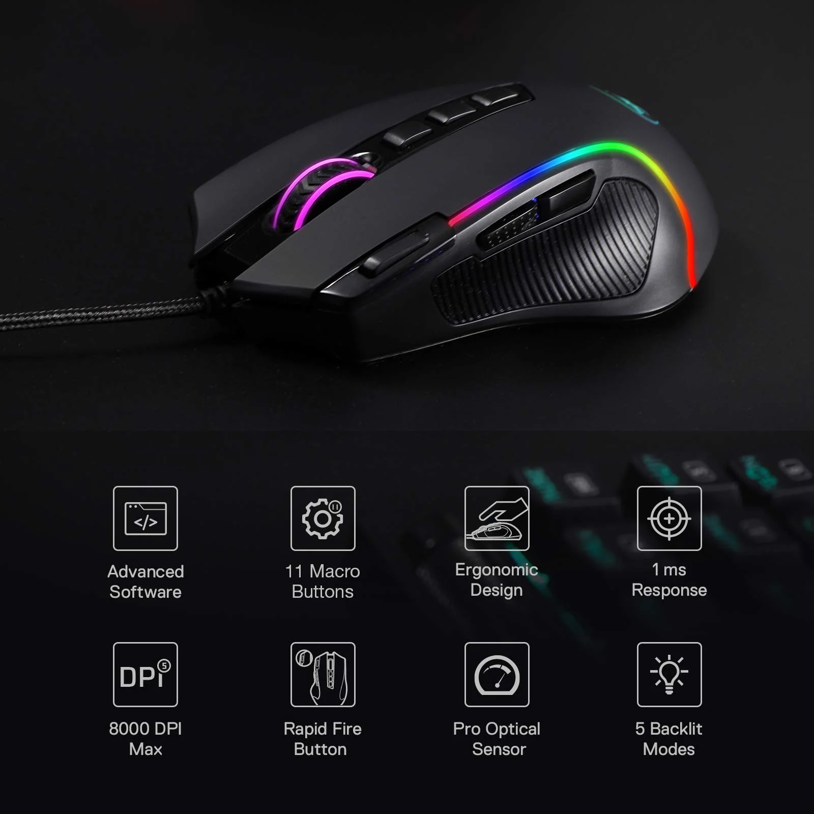 Redragon M612 Predator RGB Gaming Maus, 8000 DPI kabelgebundene optische Maus mit 11 programmierbaren Tasten & 5 Hintergrundbeleuchtungsmodi, Software unterstützt DIY Keybinds Rapid - Image 9