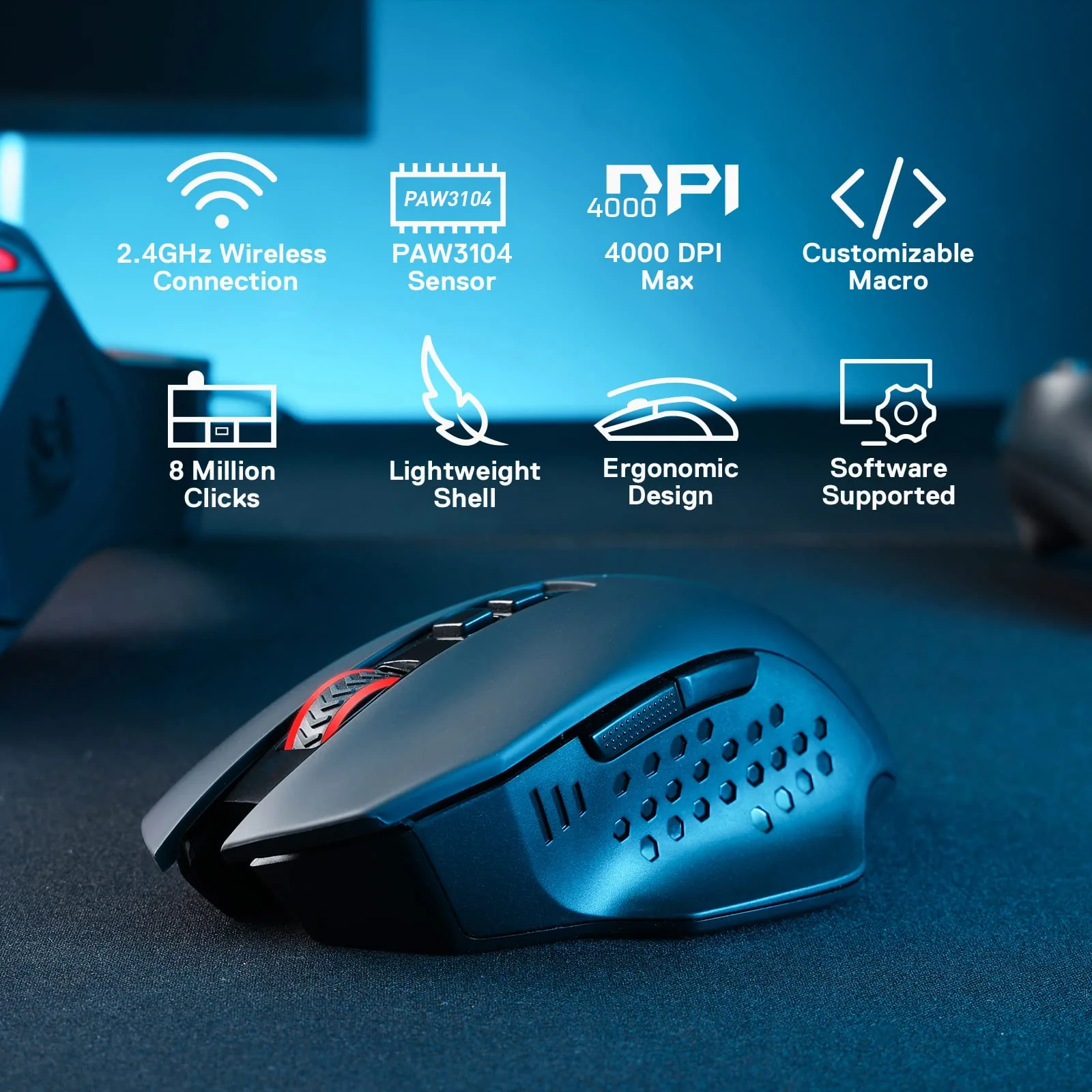 Redragon M656 Gainer Kabellose Gaming Maus, 4000 DPI 2.4Ghz Maus mit 5 DPI Stufen, 7 Makrotasten, rote LED Hintergrundbeleuchtung & Pro Software/Laufwerk unterstützt, für PC/Mac/Laptop - Image 6