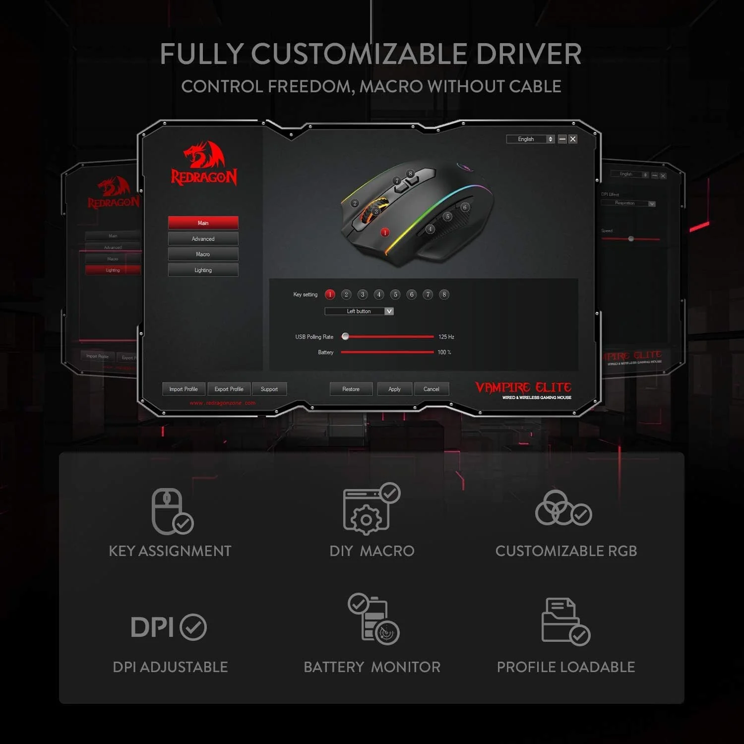 Redragon M686 Vampire Elite Kabellose Gaming Maus, 16000 DPI Kabelgebunde/Kabellose Maus mit Professionellem Sensor, 45-Stunden-Dauerleistung, Anpassbarem Makro und RGB-Hintergrundbeleuchtung - Image 4