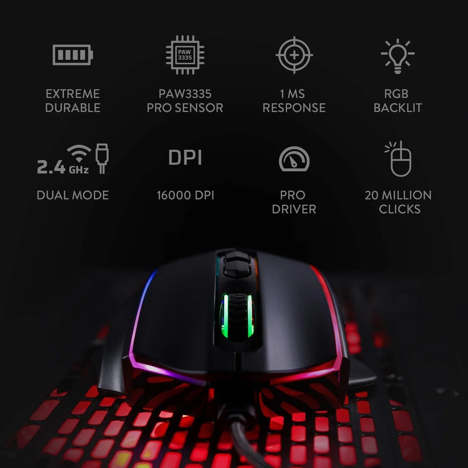 Redragon M686 Vampire Elite Kabellose Gaming Maus, 16000 DPI Kabelgebunde/Kabellose Maus mit Professionellem Sensor, 45-Stunden-Dauerleistung, Anpassbarem Makro und RGB-Hintergrundbeleuchtung - Image 9