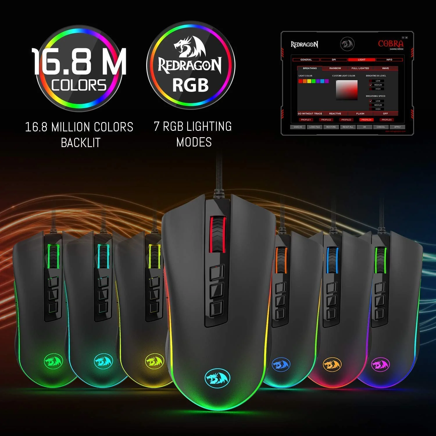 Redragon M711 Cobra Gaming Maus mit 16,8 Millionen RGB-Farben und Hintergrundbeleuchtung, 10.000 DPI Einstellbar, Komfortabler Griff, 7 Programmierbare Tasten, Schwarz - Image 8