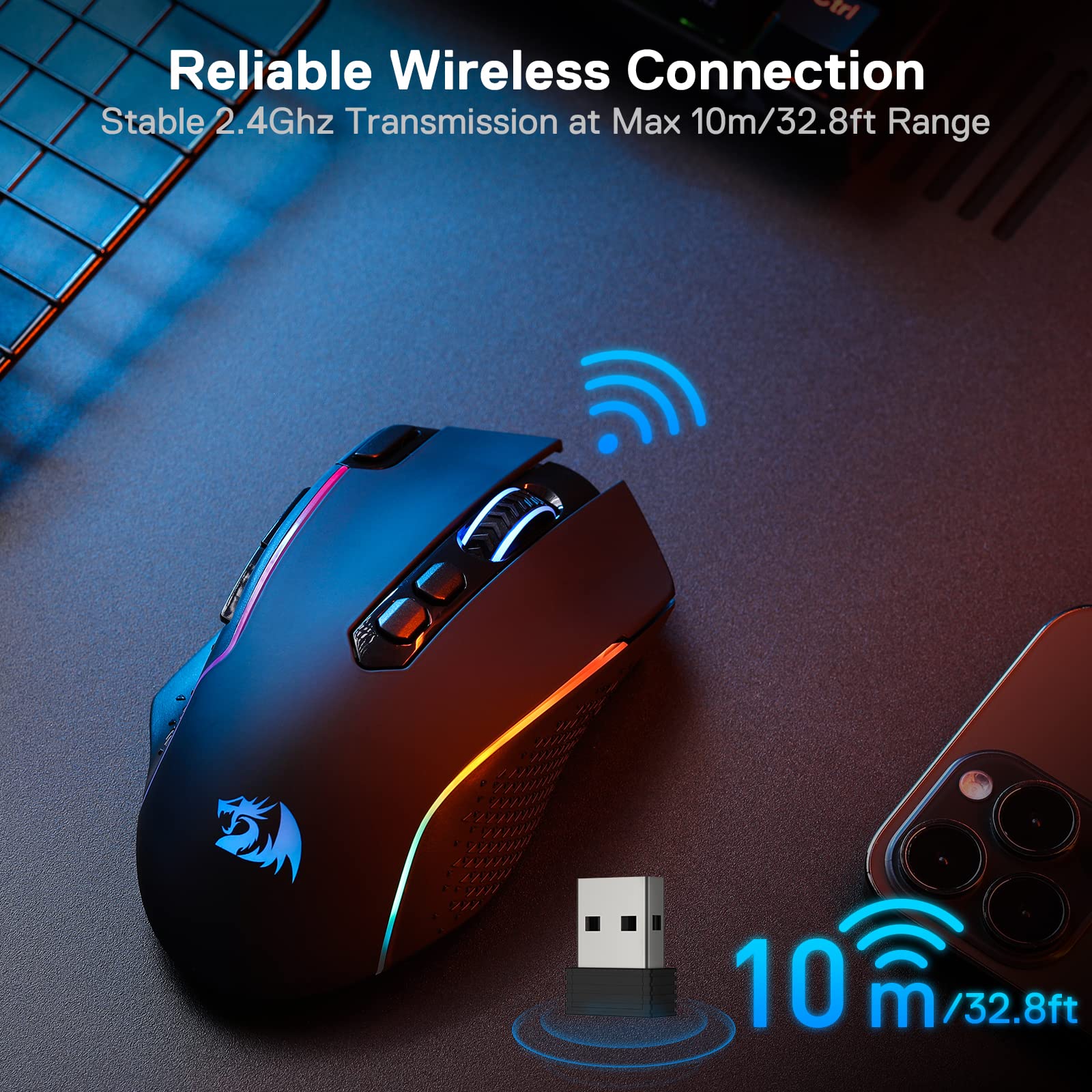 Redragon M810 Pro Kabellose Gaming-Maus, 10000 DPI Kabelgebundene/Kabellose Maus mit Schnellfeuertaste, 8 Makrotasten, 45 Stunden Dauerleistung und RGB-Hintergrundbeleuchtung für PC/Mac/Laptop - Image 4