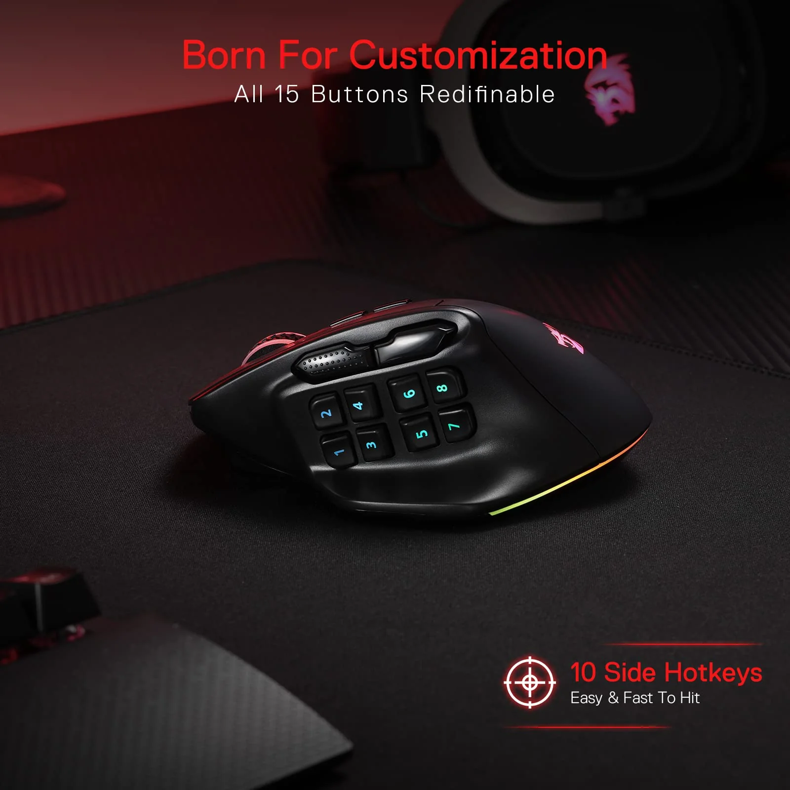 Redragon M811 Pro Wireless MMO Gaming Maus, 15 Programmierbare Tasten, RGB-Maus, 10 Seitlichen Makrotasten, Software Unterstützt DIY Tastaturbelegungen & Hintergrundbeleuchtung - Image 4