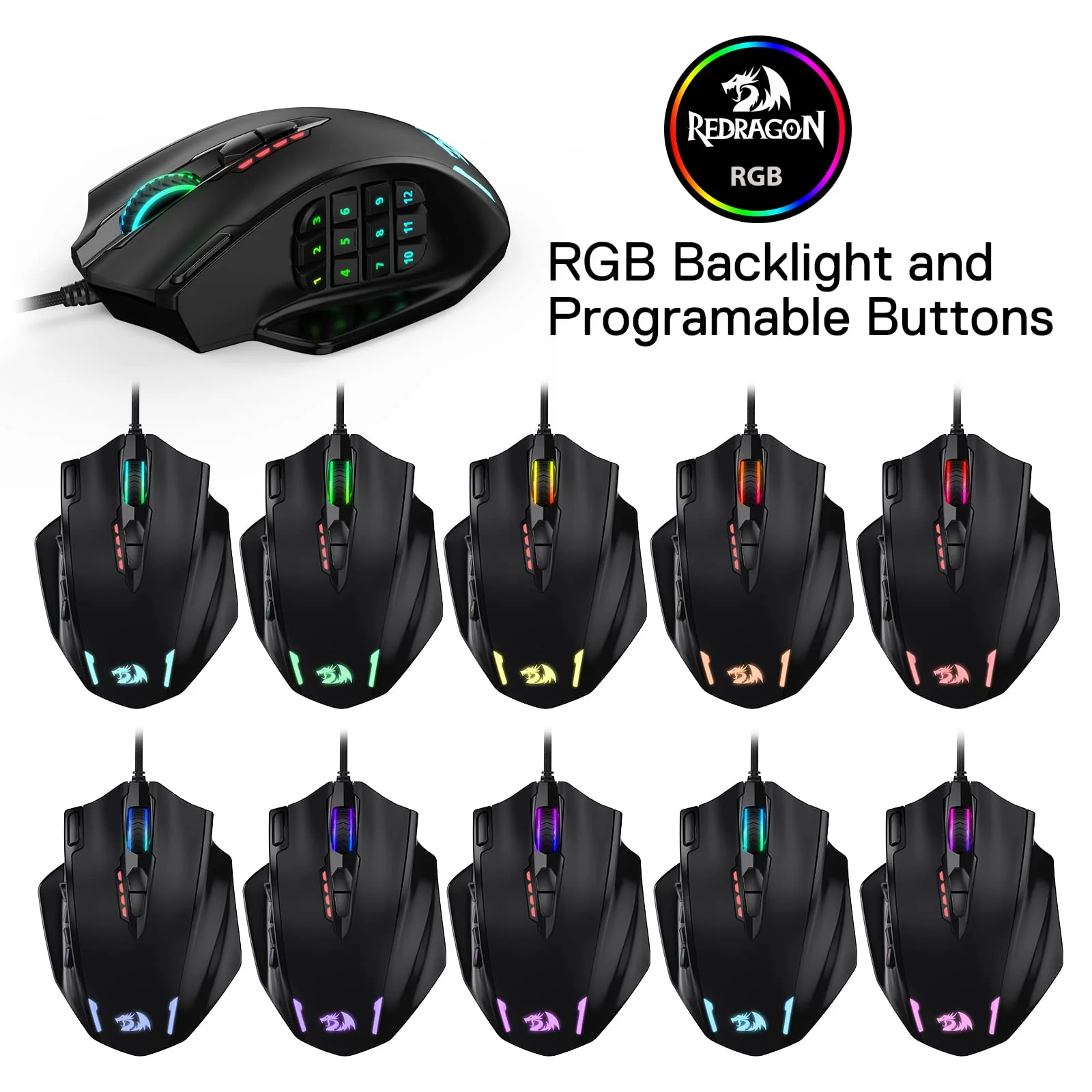 Redragon M908 Impact RGB LED MMO Maus mit Seitentasten, optische kabelgebundene Gaming-Maus mit 12.400DPI, hohe Präzision, 20 programmierbare Maustasten - Image 2
