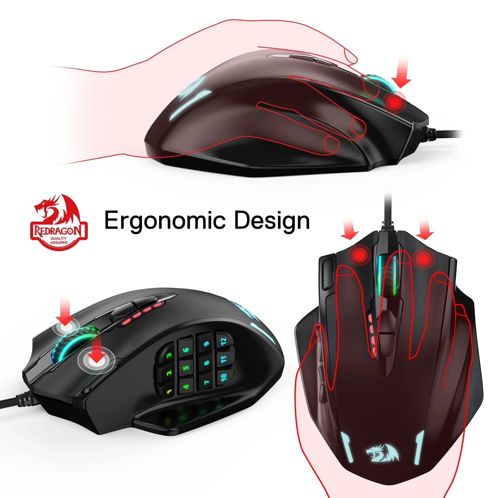 Redragon M908 Impact RGB LED MMO Maus mit Seitentasten, optische kabelgebundene Gaming-Maus mit 12.400DPI, hohe Präzision, 20 programmierbare Maustasten - Image 3