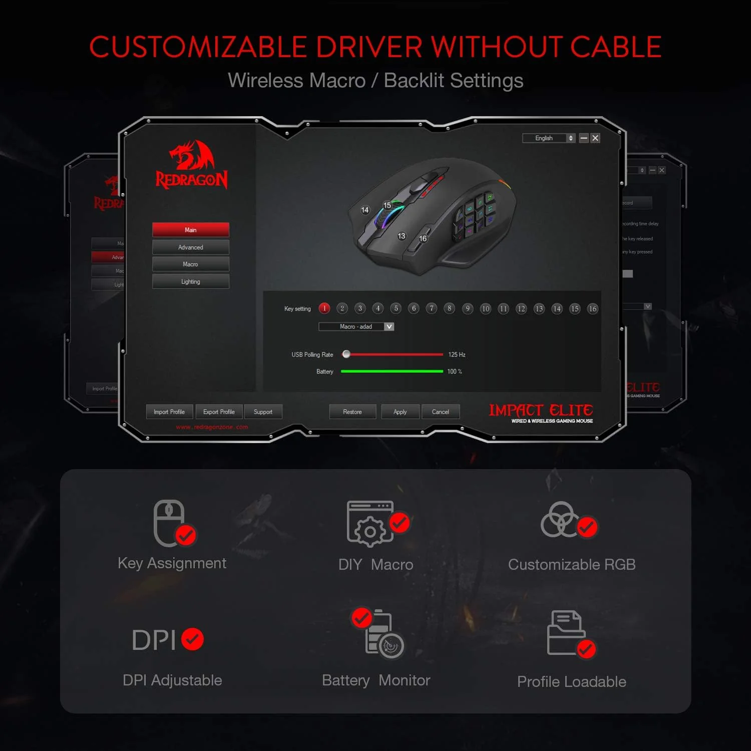 Redragon M913 Impact Elite Wireless Gaming Maus, 16000 DPI Verkabelte/Kabellose RGB Maus mit 20 Programmierbaren Tasten, 45 Std. Batteriebetrieb und Optischem Pro-Sensor, 12 Seitentasten MMO-Maus - Image 3