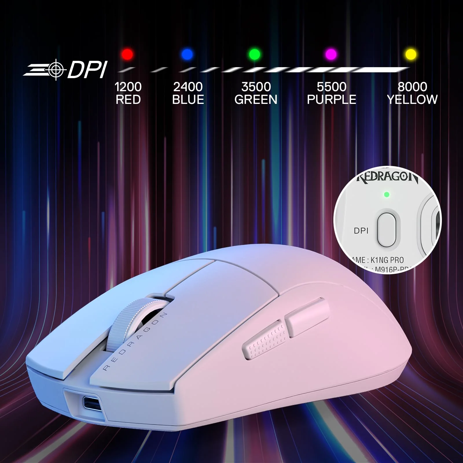 Redragon M916 Kabellose Gaming Maus, 49G Ultra-Light 8K DPI 2.4G Kabellose Gaming-Maus mit ergonomischem Griff, voll programmierbare Tasten, Software unterstützt DIY Keybinds & DPI, Weiß - Image 2