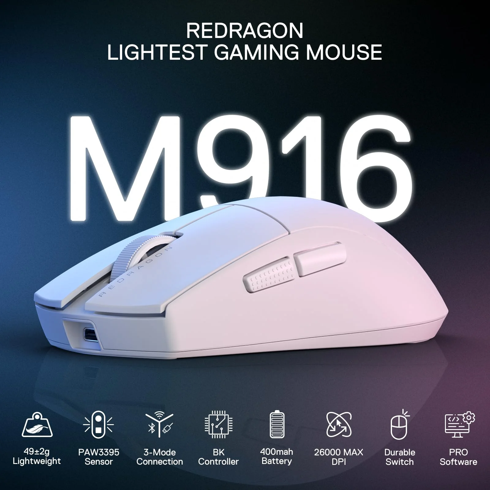 Redragon M916 PRO 3-Modus Wireless Gaming Maus, 49G Ultra-Leicht 26K DPI Maus mit Ergonomischem Natürlichem Griff, Voll Programmierbare Tasten, Software Unterstützt DIY Tastenbelegungen & DPI - Image 2