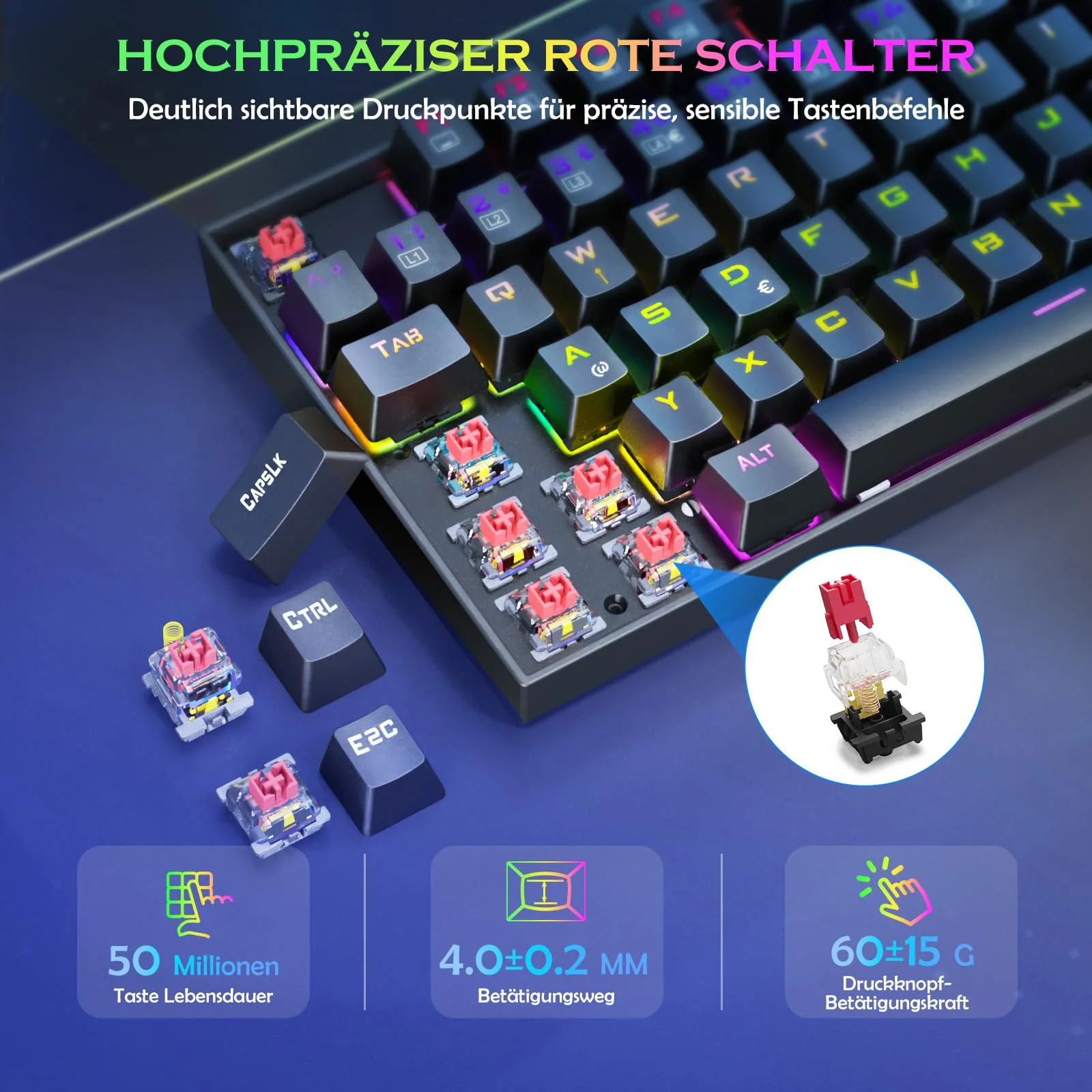 Redragon Mechanische Gaming Tastatur,QWERTZ Deutsches Layout,105 Tasten mit Rote Schaltern, Rainbow LED Backlit,ABS-Tastenkappen/Anti-Ghosting/Stahlgehäuse Gaming Keyboard für PC/Mac Gamer