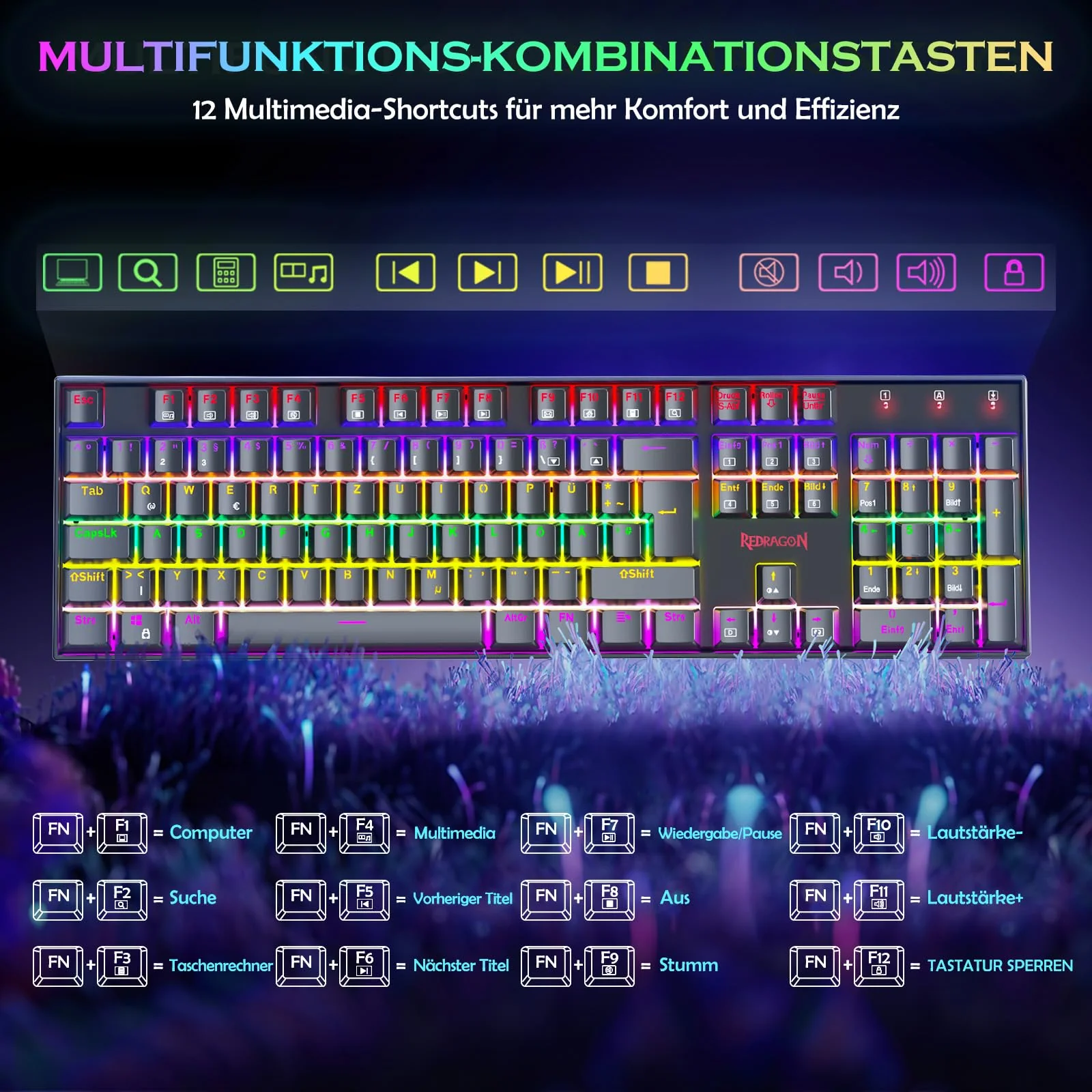 Redragon Mechanische Gaming Tastatur,QWERTZ Deutsches Layout,105 Tasten mit Rote Schaltern, Rainbow LED Backlit,ABS-Tastenkappen/Anti-Ghosting/Stahlgehäuse Gaming Keyboard für PC/Mac Gamer - Image 2