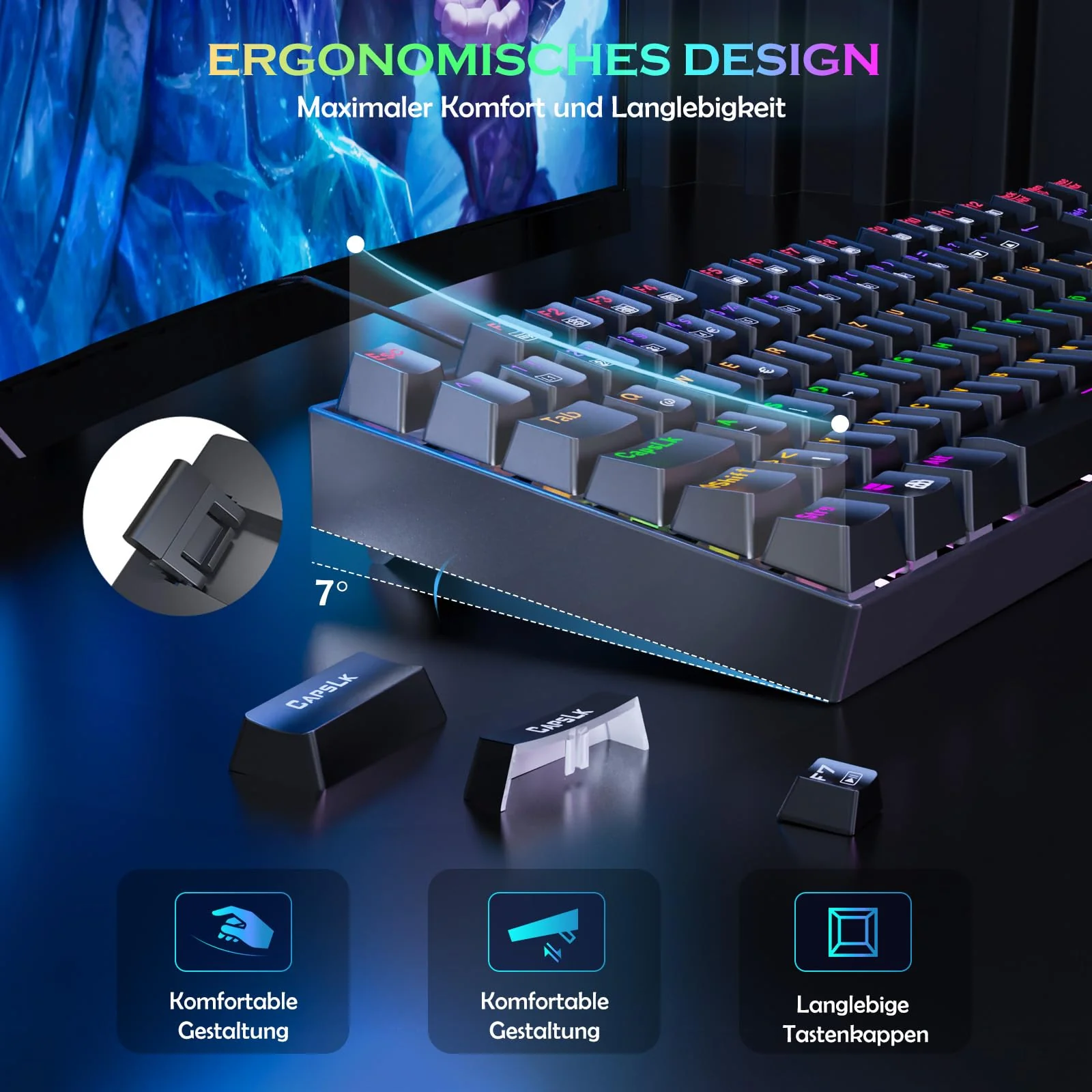 Redragon Mechanische Gaming Tastatur,QWERTZ Deutsches Layout,105 Tasten mit Rote Schaltern, Rainbow LED Backlit,ABS-Tastenkappen/Anti-Ghosting/Stahlgehäuse Gaming Keyboard für PC/Mac Gamer - Image 3