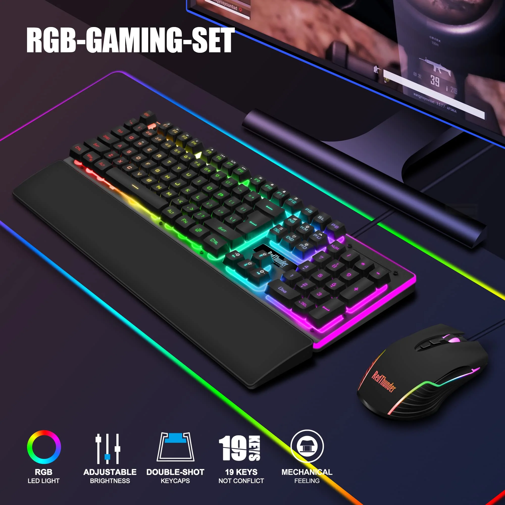 RedThunder K10 Gaming Tastatur und Maus Set, QWERTZ DE-Layout, Metallplatte und Handballenauflager,RGB-Hintergrundbeleuchtung und 7D mit Ergonomische für PC Gamer(Schwarz) - Image 2