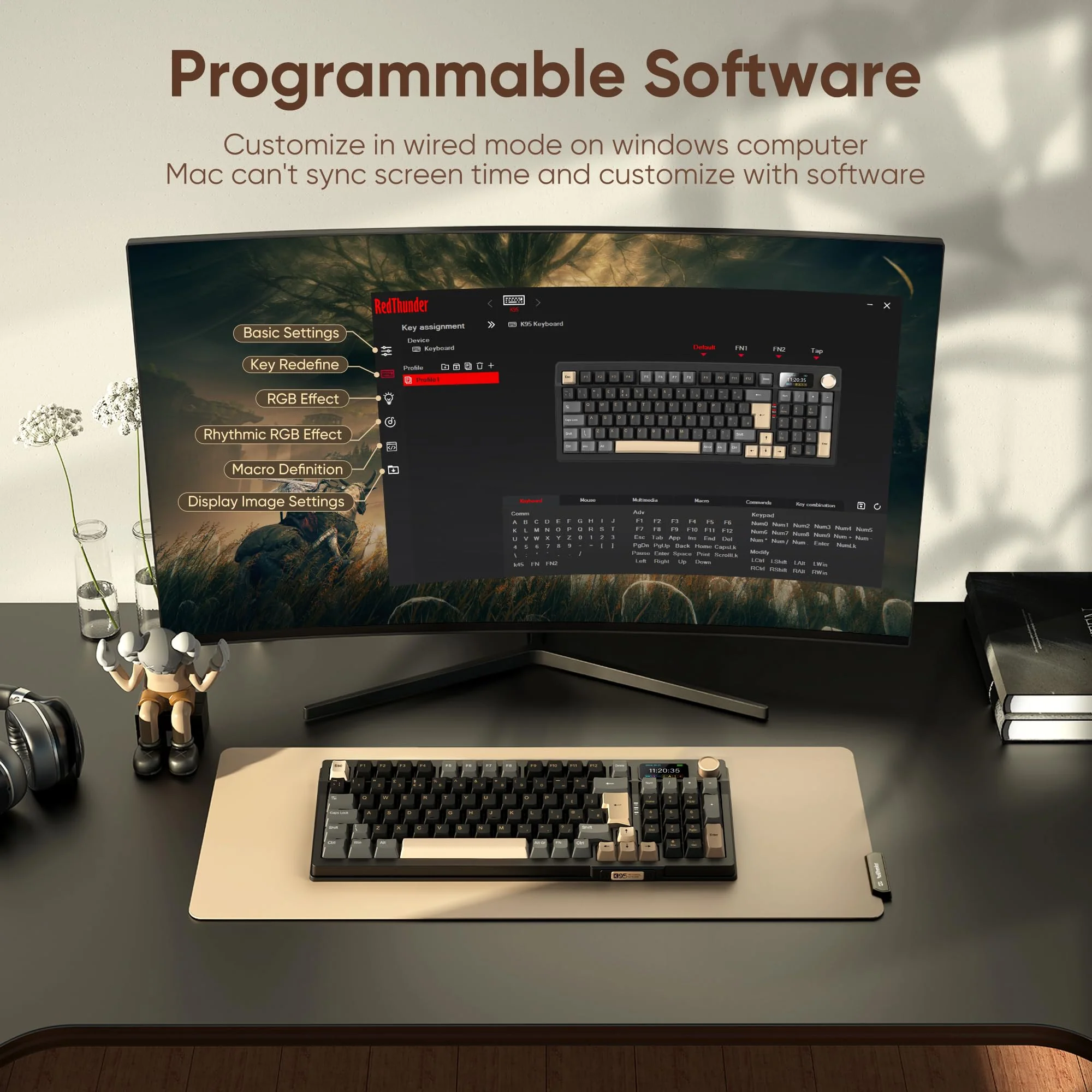 RedThunder K95 Kabellose Mechanische Gaming-Tastatur mit 1,88” Display & Knopf, QWERTZ 96 Tasten, Gasket, BT/USB-C/2,4GHz, Software, Hot-swap, Linear-Pink-Schalter, RGB, PBT-Tastenkappen, 8000mAh.