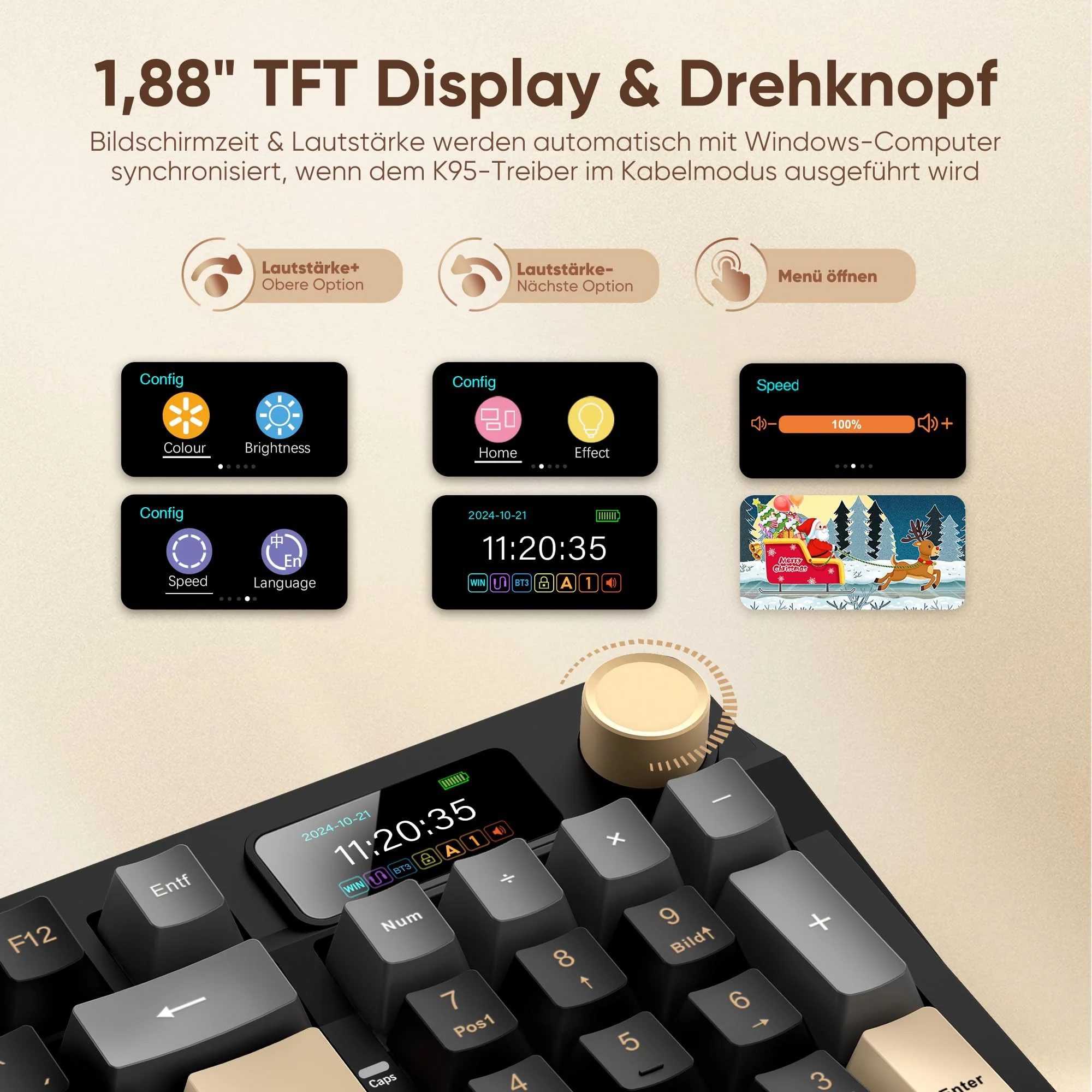 RedThunder K95 Kabellose Mechanische Gaming-Tastatur mit 1,88” Display & Knopf, QWERTZ 96 Tasten, Gasket, BT/USB-C/2,4GHz, Software, Hot-swap, Linear-Pink-Schalter, RGB, PBT-Tastenkappen, 8000mAh. - Image 5