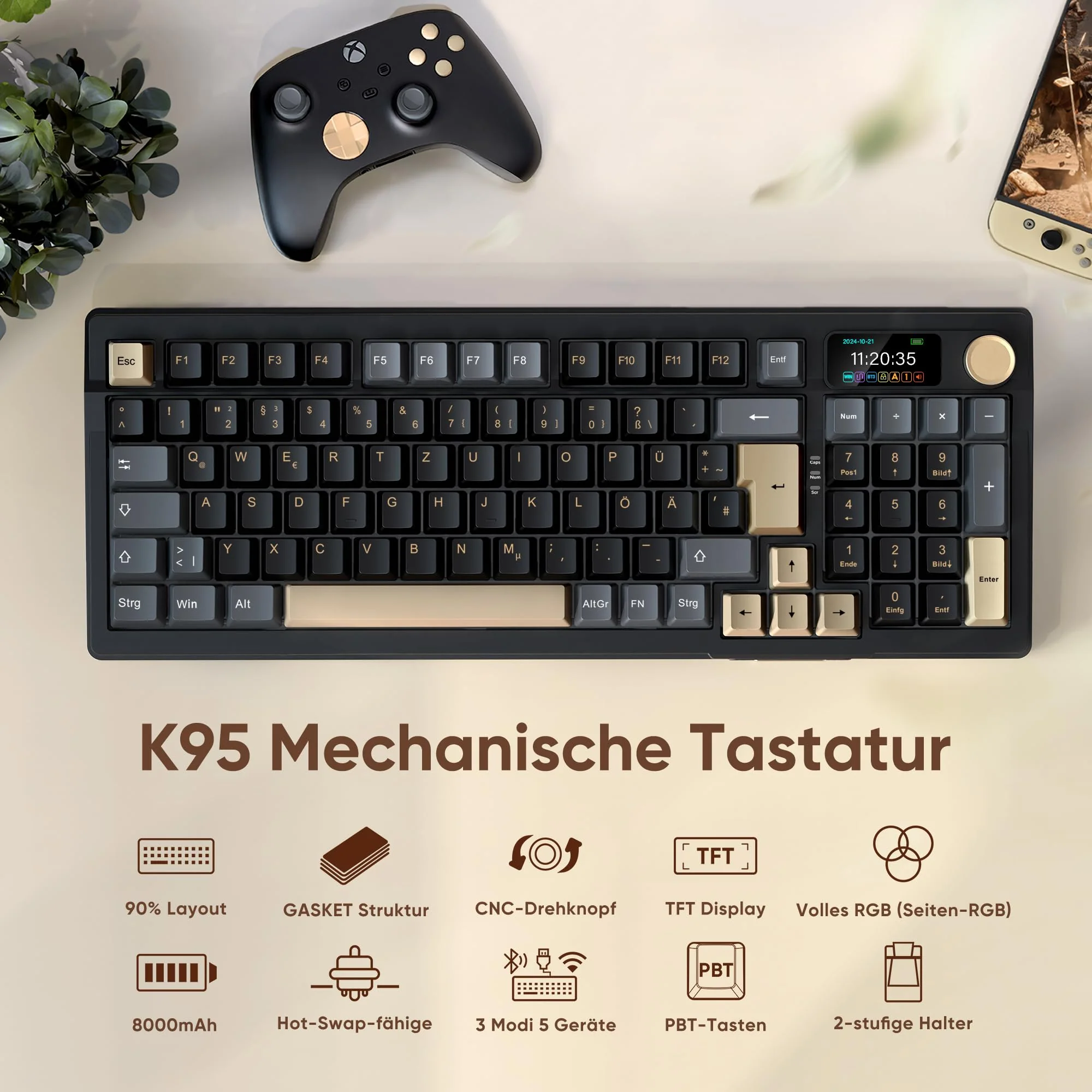 RedThunder K95 Kabellose Mechanische Gaming-Tastatur mit 1,88” Display & Knopf, QWERTZ 96 Tasten, Gasket, BT/USB-C/2,4GHz, Software, Hot-swap, Linear-Pink-Schalter, RGB, PBT-Tastenkappen, 8000mAh. - Image 8