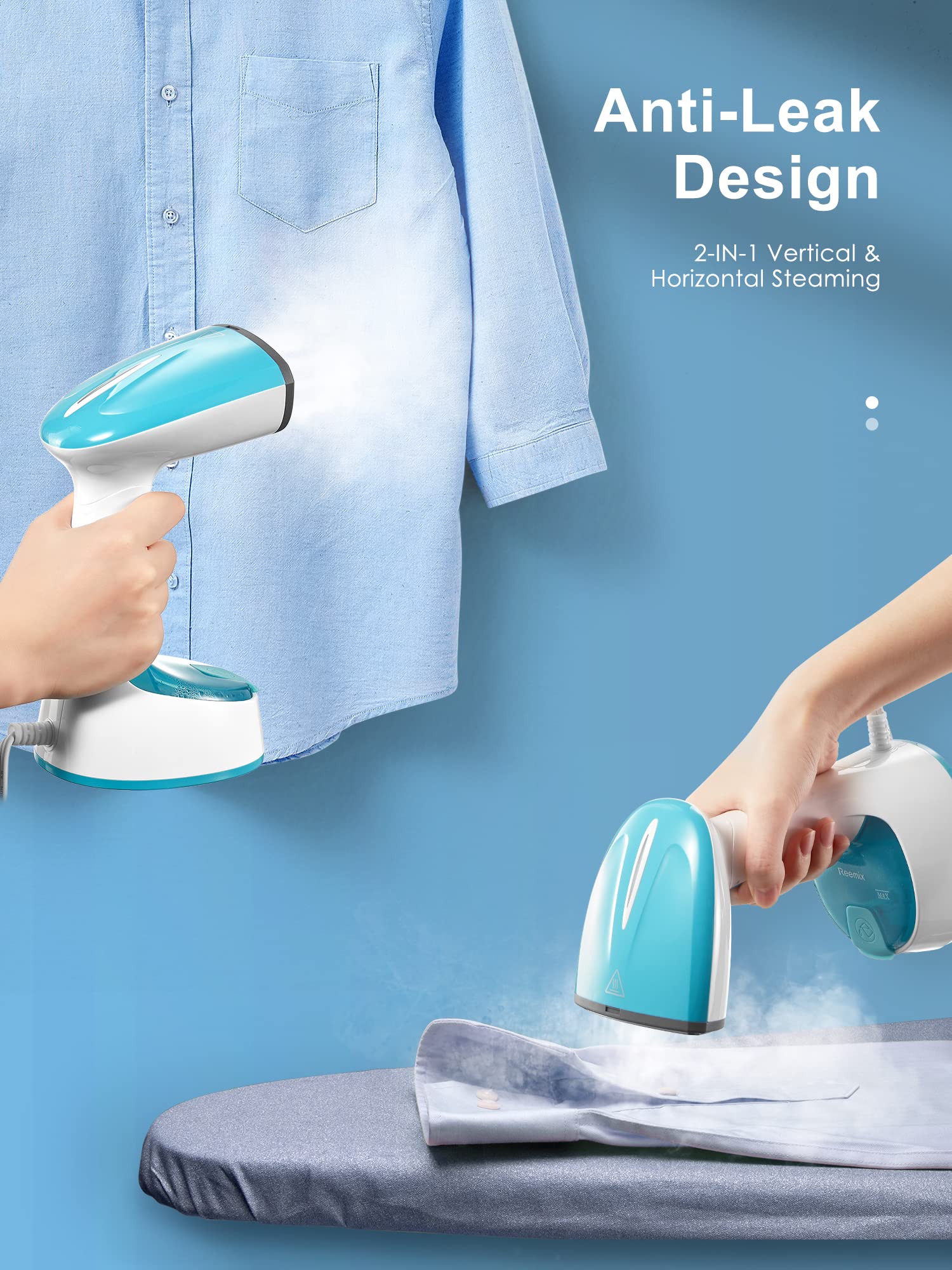 Reemix Tragbarer Dampfglätter, 1200W Kompakt und Faltbar Dampfglätter, 20g/min Dampf, 20S schnelles Aufheizen,Kein Bügelbrett erforderlich, Für Familie, Büro und Reisen, 220V (Blau) - Image 4