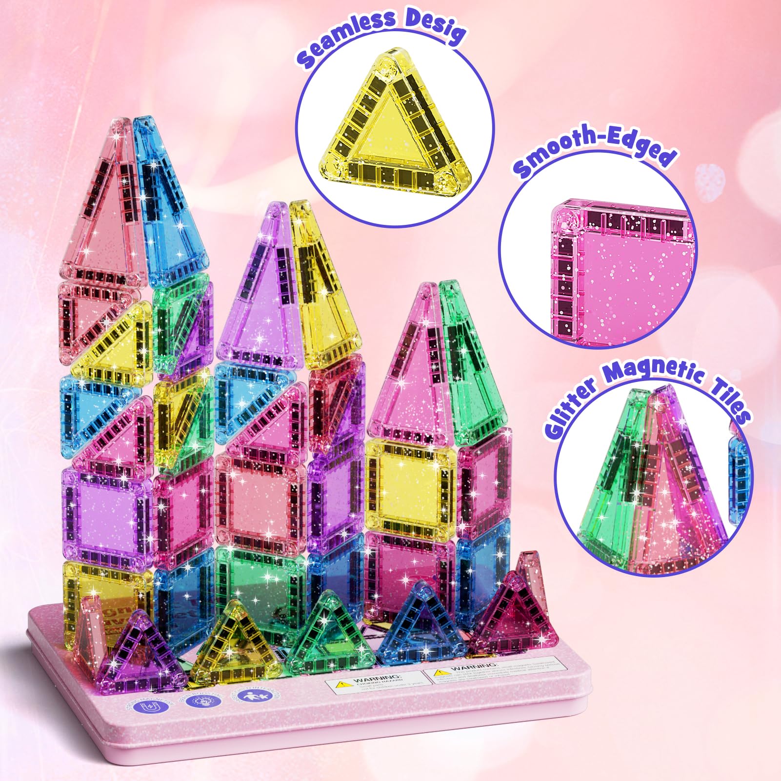 Reise Magnetische Tiles Glitzer Konstruktion Set 42pcs Reisespielzeug für Kinder MINT- Magnetische Fliesen mit Eisenkastenbasis, Magnetische Bausteine Reise Spielzeug Geschenk für 3+ Jahre Mädch - Image 2