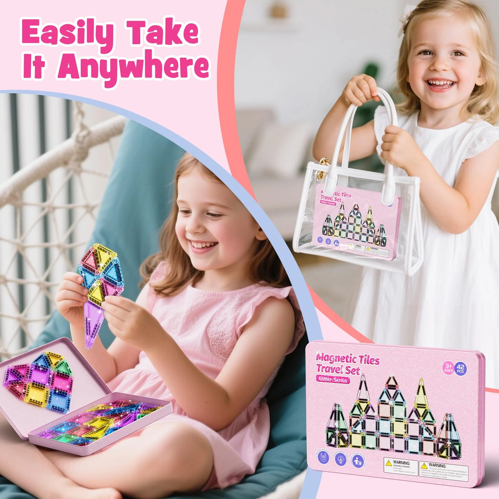 Reise Magnetische Tiles Glitzer Konstruktion Set 42pcs Reisespielzeug für Kinder MINT- Magnetische Fliesen mit Eisenkastenbasis, Magnetische Bausteine Reise Spielzeug Geschenk für 3+ Jahre Mädch - Image 5