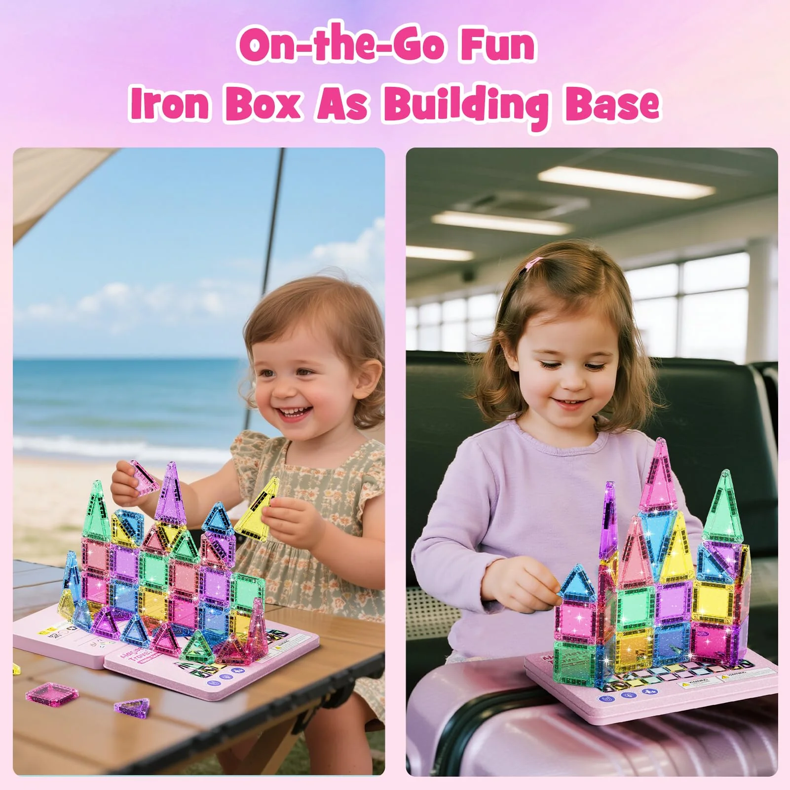 Reise Magnetische Tiles Glitzer Konstruktion Set 42pcs Reisespielzeug für Kinder MINT- Magnetische Fliesen mit Eisenkastenbasis, Magnetische Bausteine Reise Spielzeug Geschenk für 3+ Jahre Mädch - Image 6