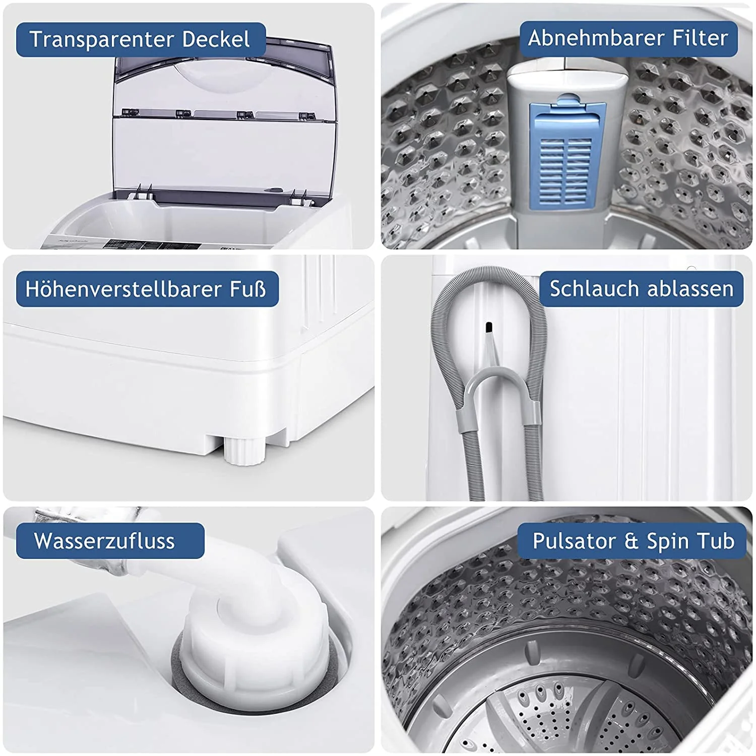 RELAX4LIFE 4,5 kg Vollautomatische Waschmaschine, Waschvollautomat mit Pumpe & Schleuder, Toplader Miniwaschmaschine mit LED-Display & 10 Programmauswahl, 310W/240W, 50 x 50 x 85 cm, Grau - Image 10