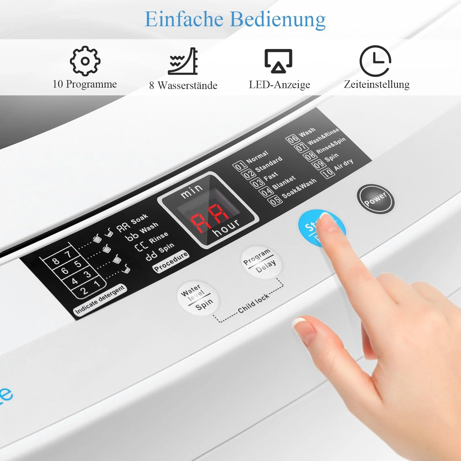 RELAX4LIFE 4,5 kg Vollautomatische Waschmaschine, Waschvollautomat mit Pumpe & Schleuder, Toplader Miniwaschmaschine mit LED-Display & 10 Programmauswahl, 310W/240W, 50 x 50 x 85 cm, Grau - Image 6