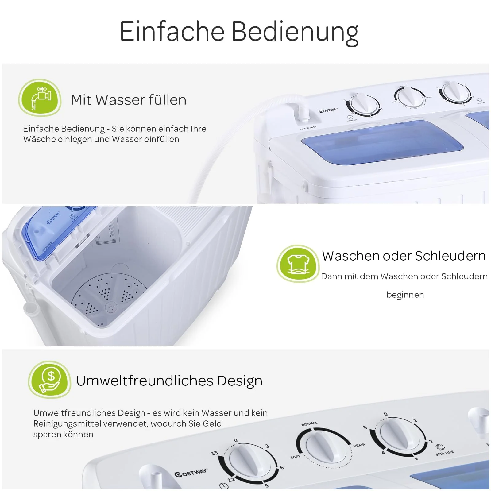 RELAX4LIFE Mini Waschmaschine mit Schleuder, 5KG Waschkapazität+3KG Schleuderkapazität, Waschautomat mit 2 Kammern & Timer, Camping Waschmaschine für Wohnwagen Kleine Wohnräume - Image 3