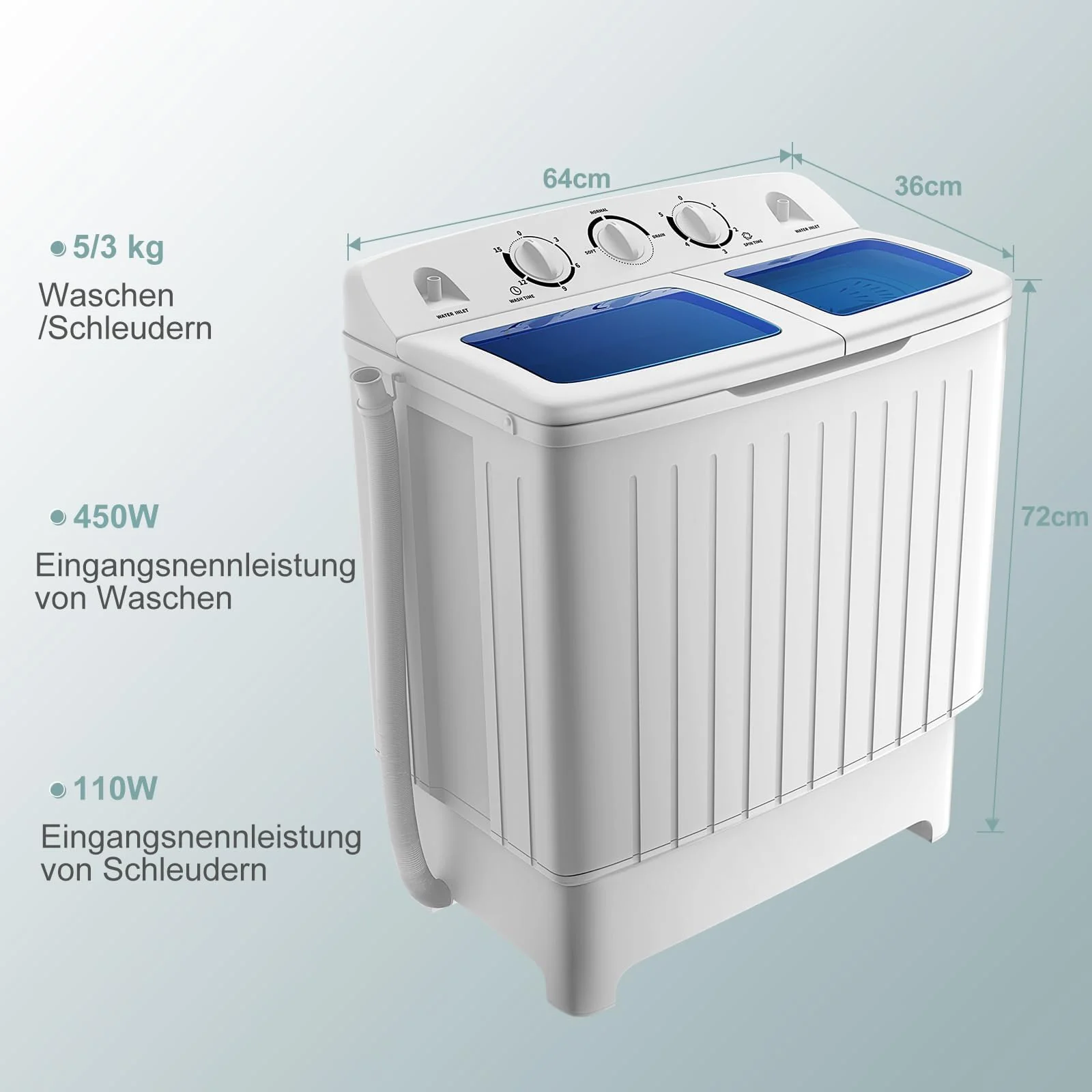 RELAX4LIFE Mini Waschmaschine mit Schleuder, 5KG Waschkapazität+3KG Schleuderkapazität, Waschautomat mit 2 Kammern & Timer, Camping Waschmaschine für Wohnwagen Kleine Wohnräume - Image 4