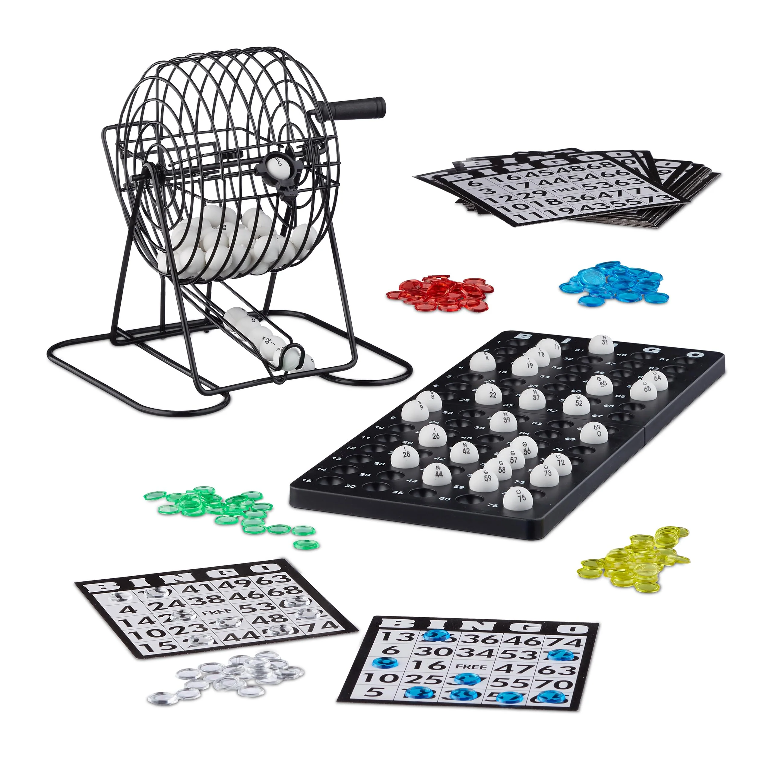 Relaxdays 10021014 Bingo Spiel mit Metalltrommel HxBxT: 20 x 17,5 x 21,5 cm Bingotickets, Loskugeln, Chips, Spielbretter, schwarz