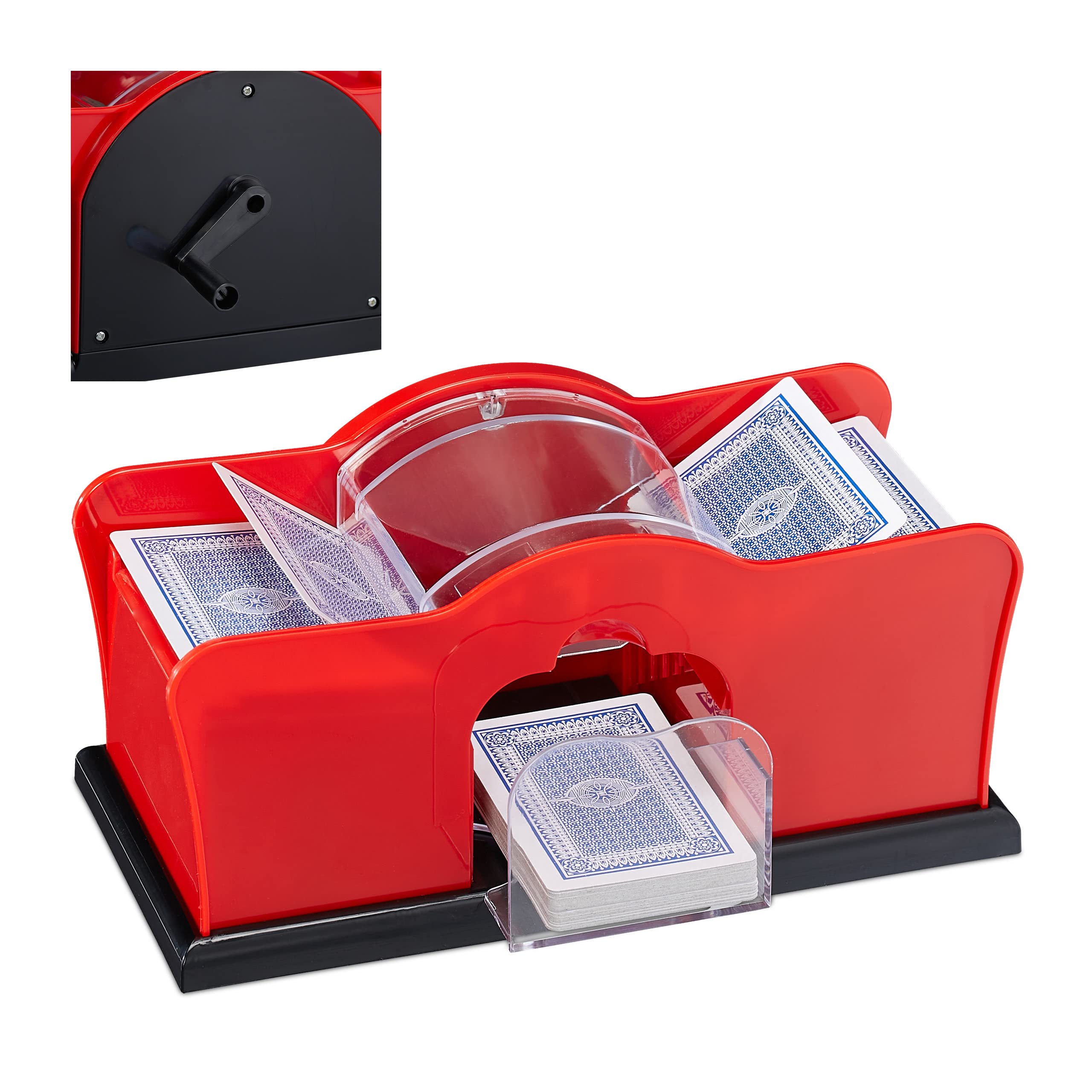 Relaxdays 10031555 Kartenmischmaschine, 2 Decks, Kurbel, manuelles Mischgerät für Spielkarten bis 91 mm, Kunststoff, rot/schwarz