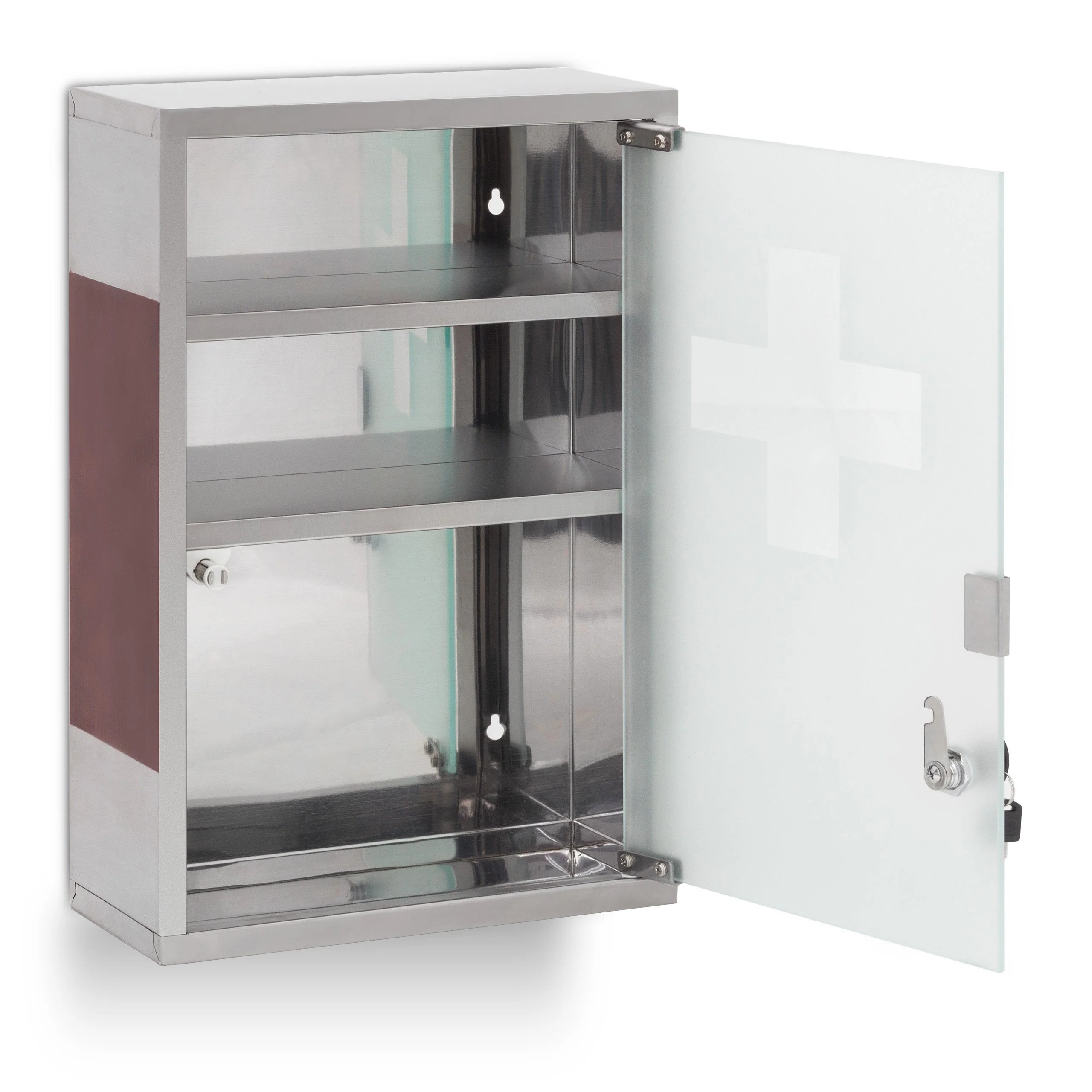 Relaxdays Medizinschrank EMERGENCY Edelstahl und Holz-Optik XL HBT: 45 x 30 x 12 cm mit 3 Fächern und Glas-Tür zum Abschließen inkl. 2 Schlüsseln für Erste Hilfe moderner Stil fürs Bad, silber / braun - Image 4