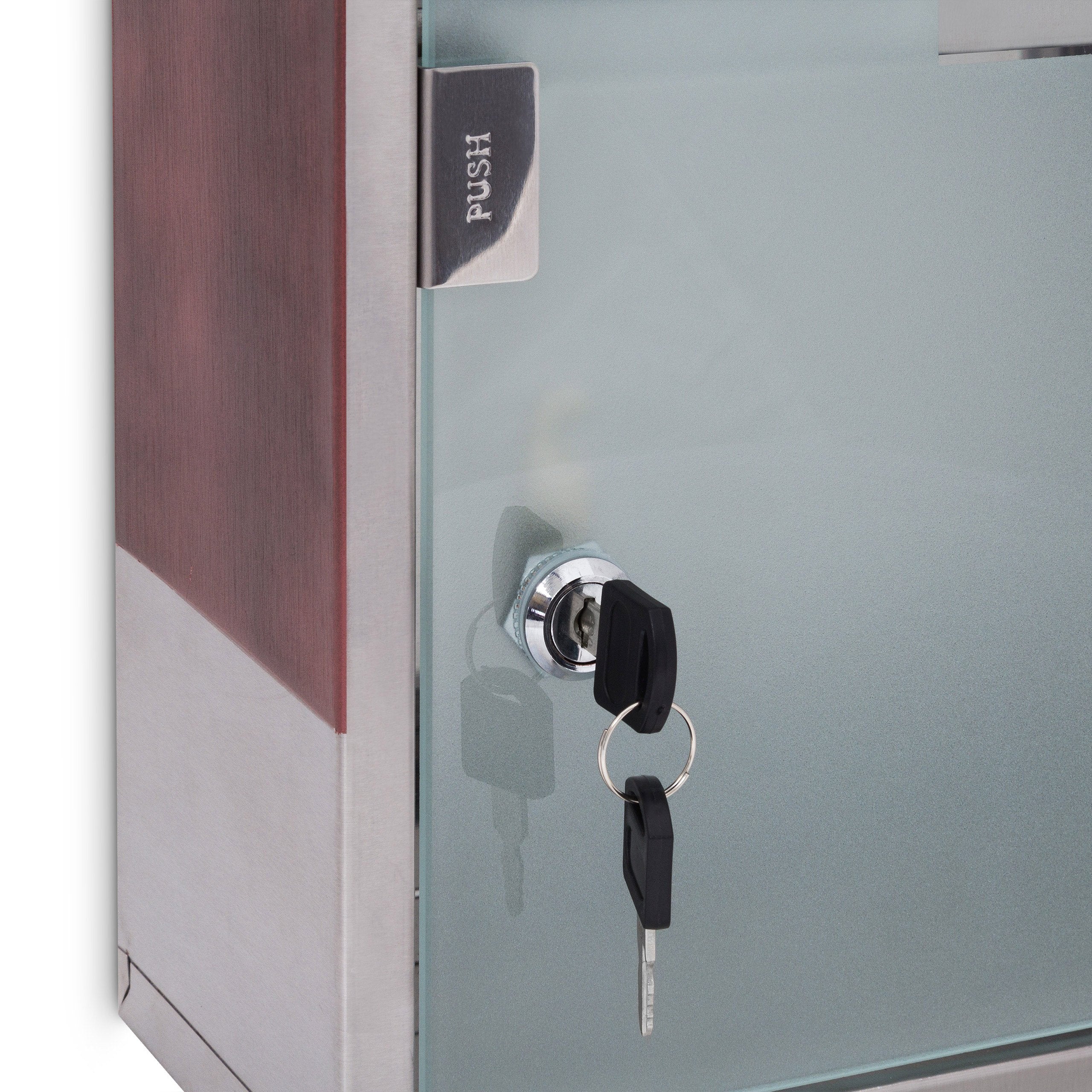 Relaxdays Medizinschrank EMERGENCY Edelstahl und Holz-Optik XL HBT: 45 x 30 x 12 cm mit 3 Fächern und Glas-Tür zum Abschließen inkl. 2 Schlüsseln für Erste Hilfe moderner Stil fürs Bad, silber / braun - Image 5