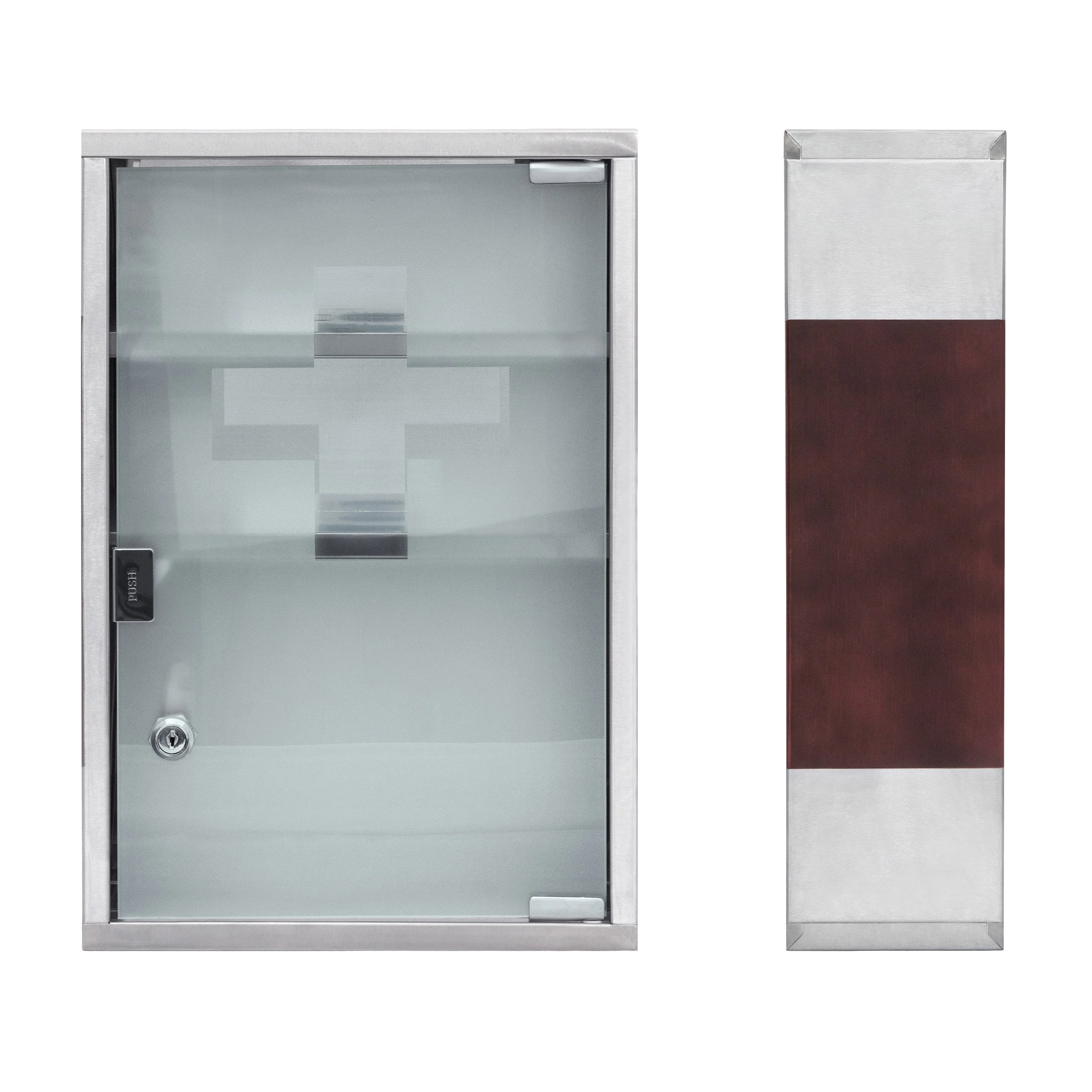 Relaxdays Medizinschrank EMERGENCY Edelstahl und Holz-Optik XL HBT: 45 x 30 x 12 cm mit 3 Fächern und Glas-Tür zum Abschließen inkl. 2 Schlüsseln für Erste Hilfe moderner Stil fürs Bad, silber / braun - Image 6