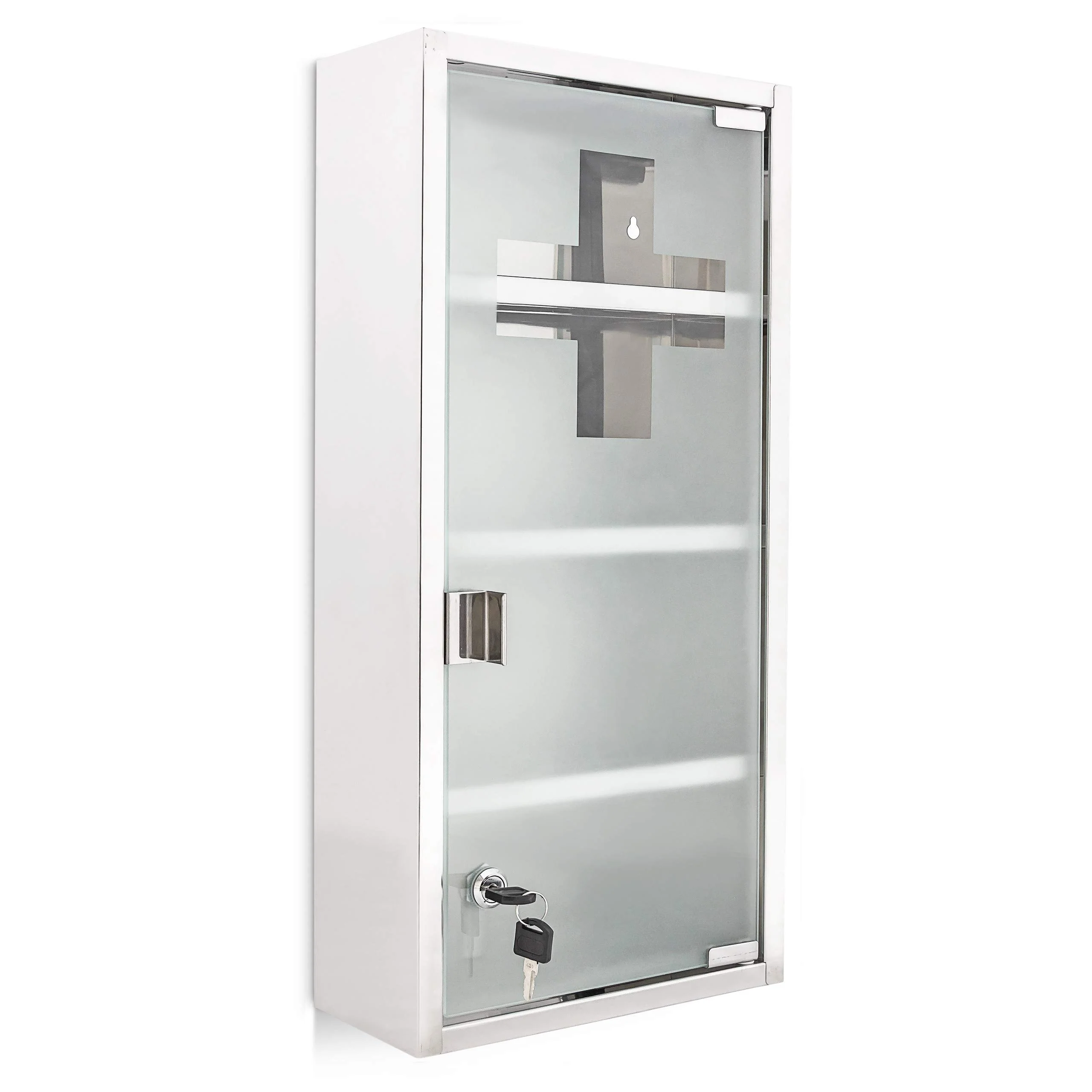 Relaxdays Medizinschrank groß H x B x T: 57 x 27 x 12 cm Apothekerschrank mit 4 Ablagen Arzneischrank Medikamentenschrank für Erste Hilfe aus glänzendem Metall mit Milchglas Tür abschließbar, silber - Image 2