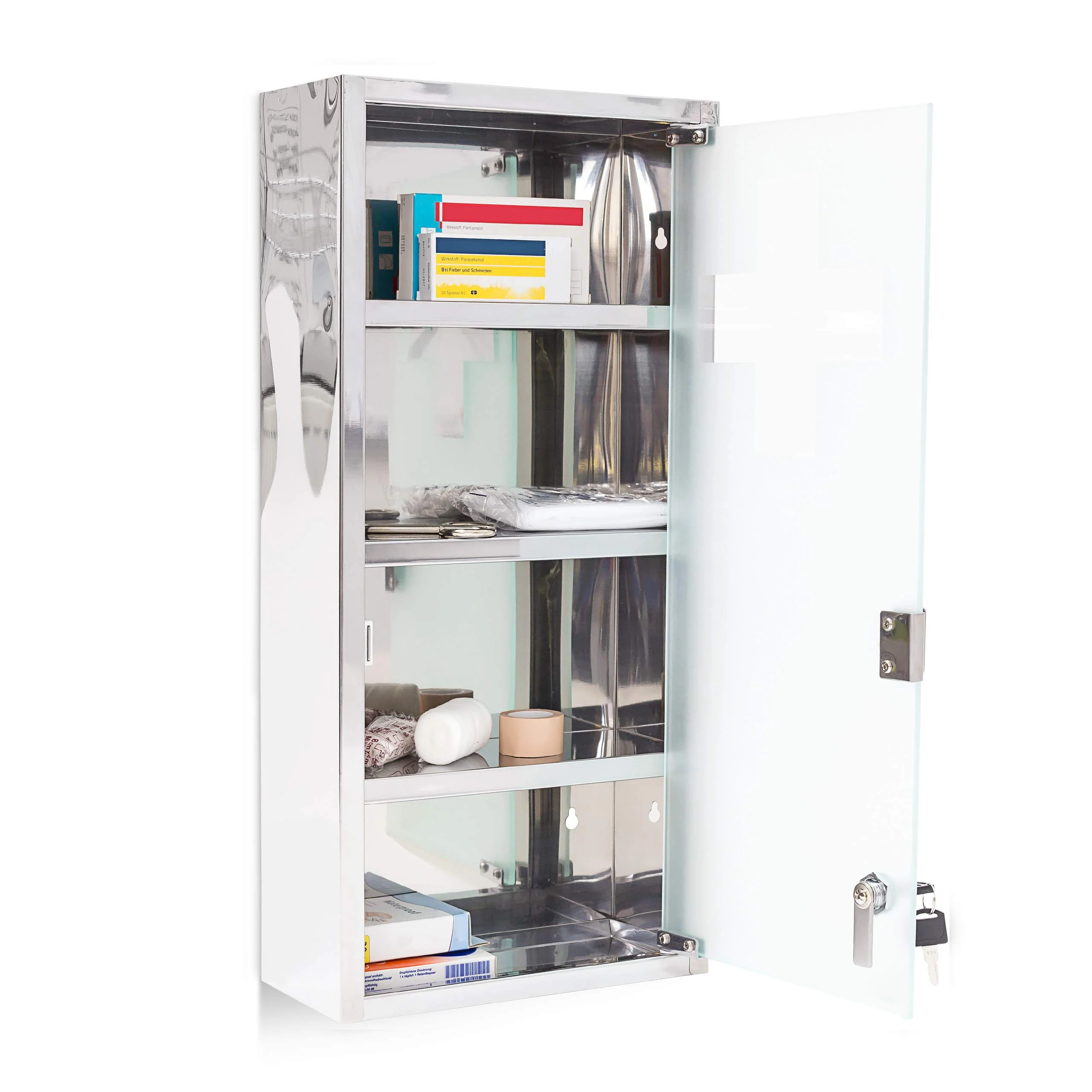 Relaxdays Medizinschrank groß H x B x T: 57 x 27 x 12 cm Apothekerschrank mit 4 Ablagen Arzneischrank Medikamentenschrank für Erste Hilfe aus glänzendem Metall mit Milchglas Tür abschließbar, silber - Image 5
