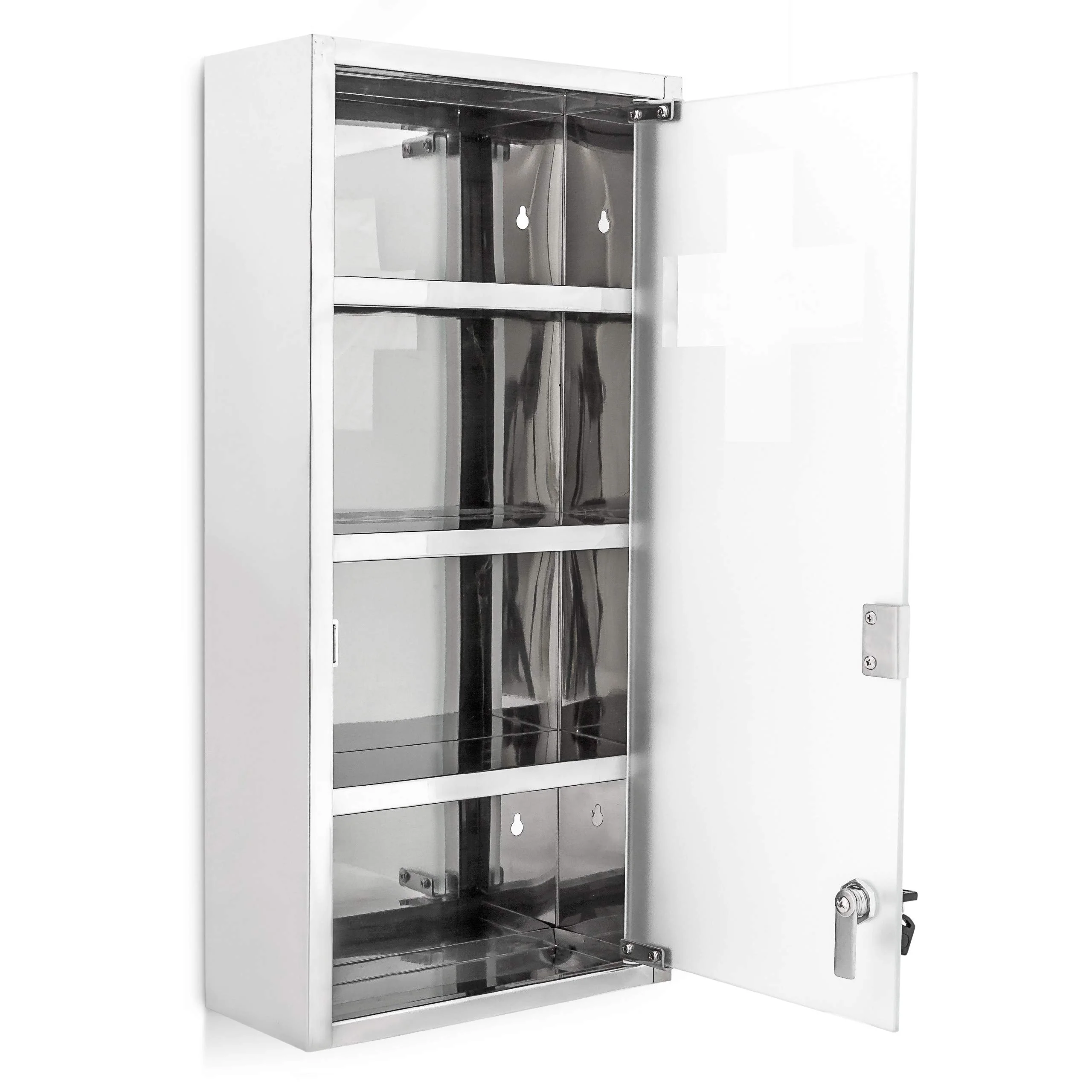 Relaxdays Medizinschrank groß H x B x T: 57 x 27 x 12 cm Apothekerschrank mit 4 Ablagen Arzneischrank Medikamentenschrank für Erste Hilfe aus glänzendem Metall mit Milchglas Tür abschließbar, silber - Image 6